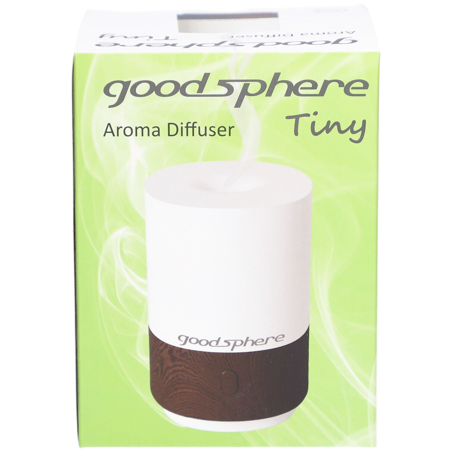 Diffuseur d'arômes Tiny, blanc et marron foncé, dans son emballage. Marque : goodsphere. Sur l'emballage : Aroma Diffuser, Tiny.