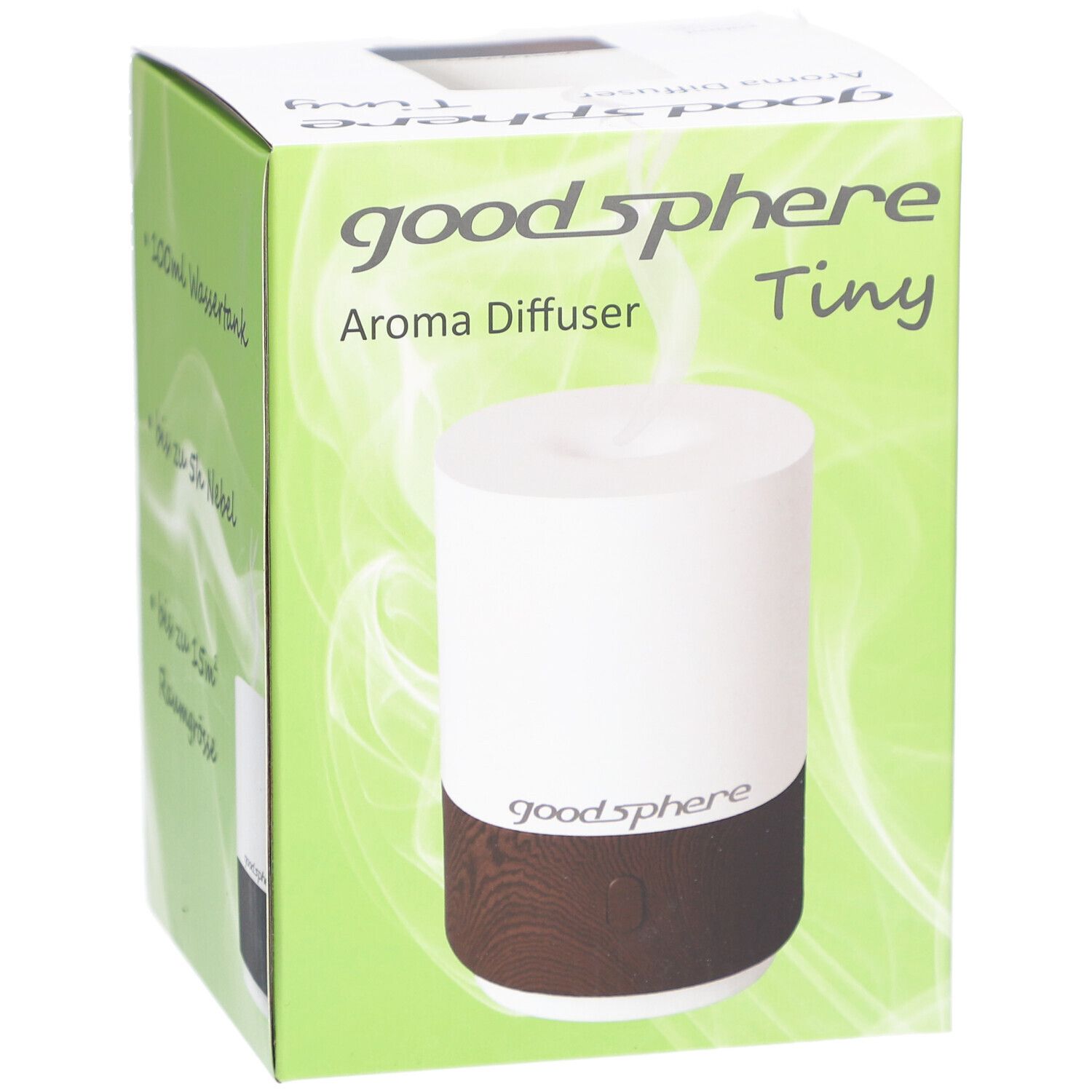 Diffuseur d'arômes Tiny, blanc et marron foncé, dans son emballage. Marque : goodsphere. Sur l'emballage : Aroma Diffuser, Tiny.