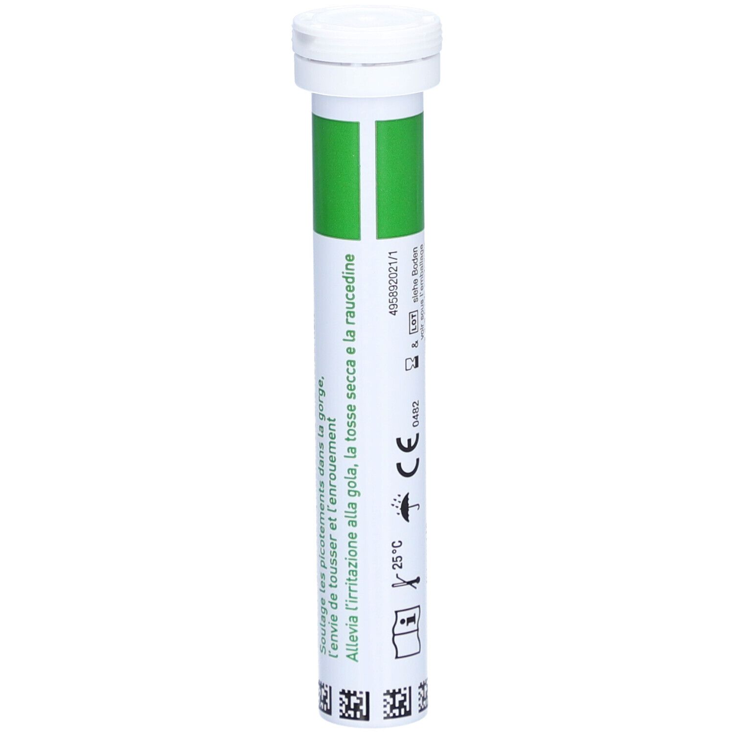 Cilindervormige verpakking met 20 zuigtabletten. Groen en wit. Bedrukte informatie.