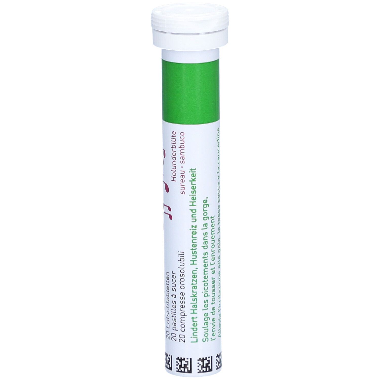 Cilindervormige verpakking met 20 zuigtabletten. Groen en wit. Bedrukte informatie.