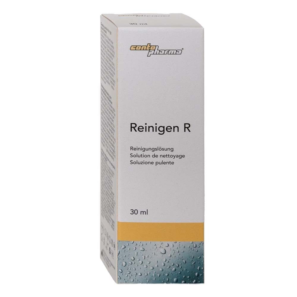 Reinigen R reinigingsoplossing van contopharma®. Witte doos met productnaam en 30 ml indicatie.