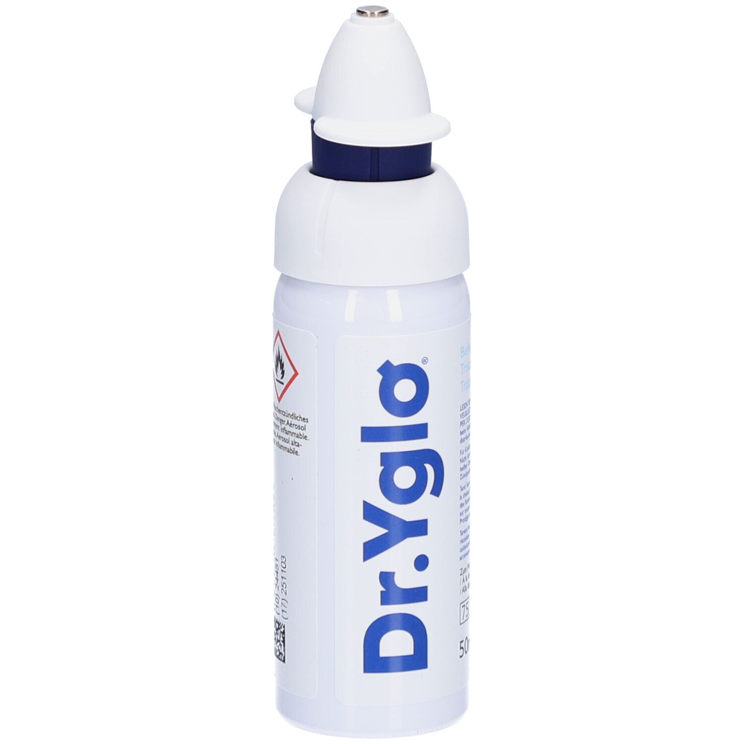 Flacon blanc avec bague bleue et applicateur. Inscription: Dr. Yglo. Texte: 50ml, symbole de danger.