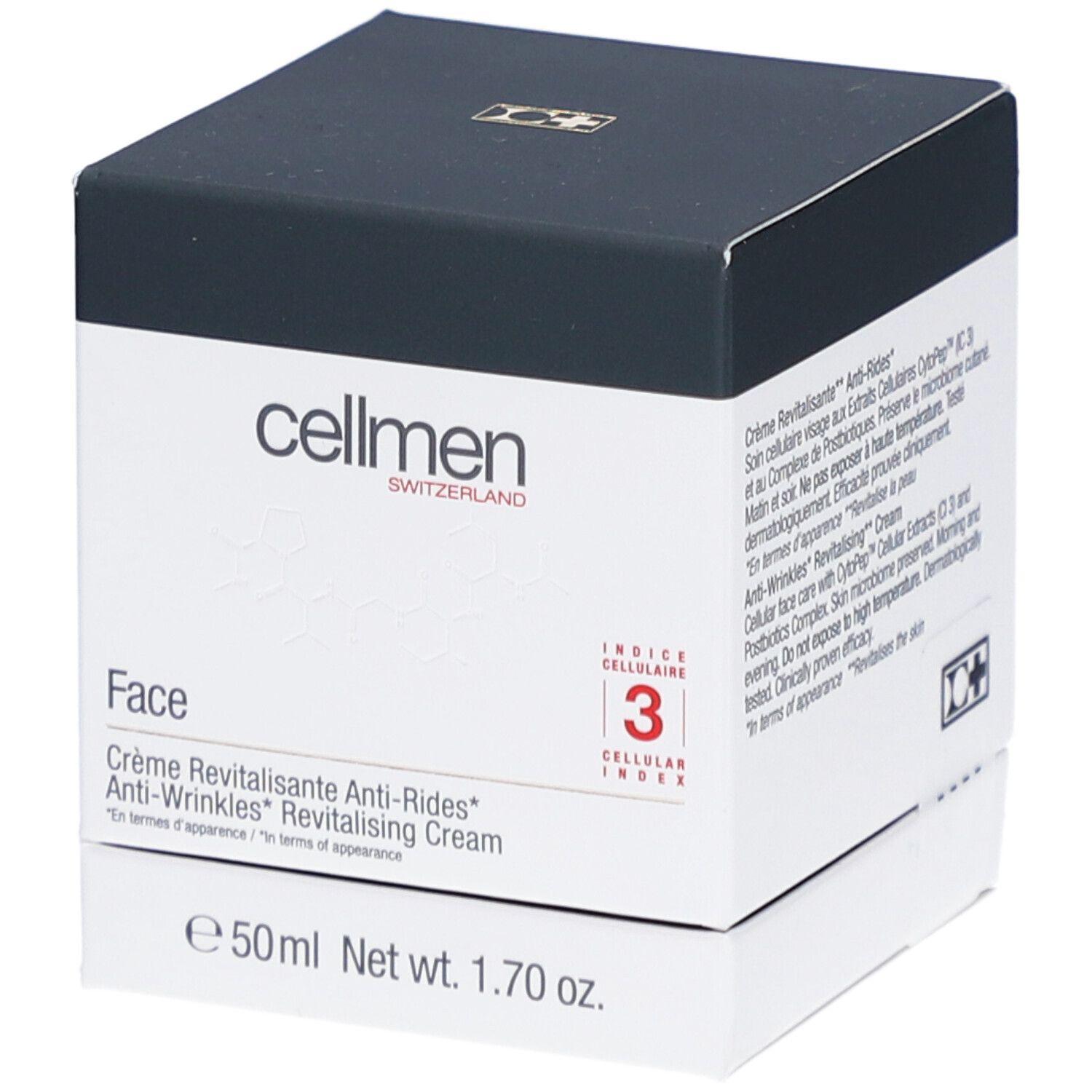 Boîte cosmétique blanche et noire. Inscription: cellmen, Face, Crème Revitalisante Anti-Rides, 50ml, Net wt. 1.70 oz. Indice Cellulaire 3.