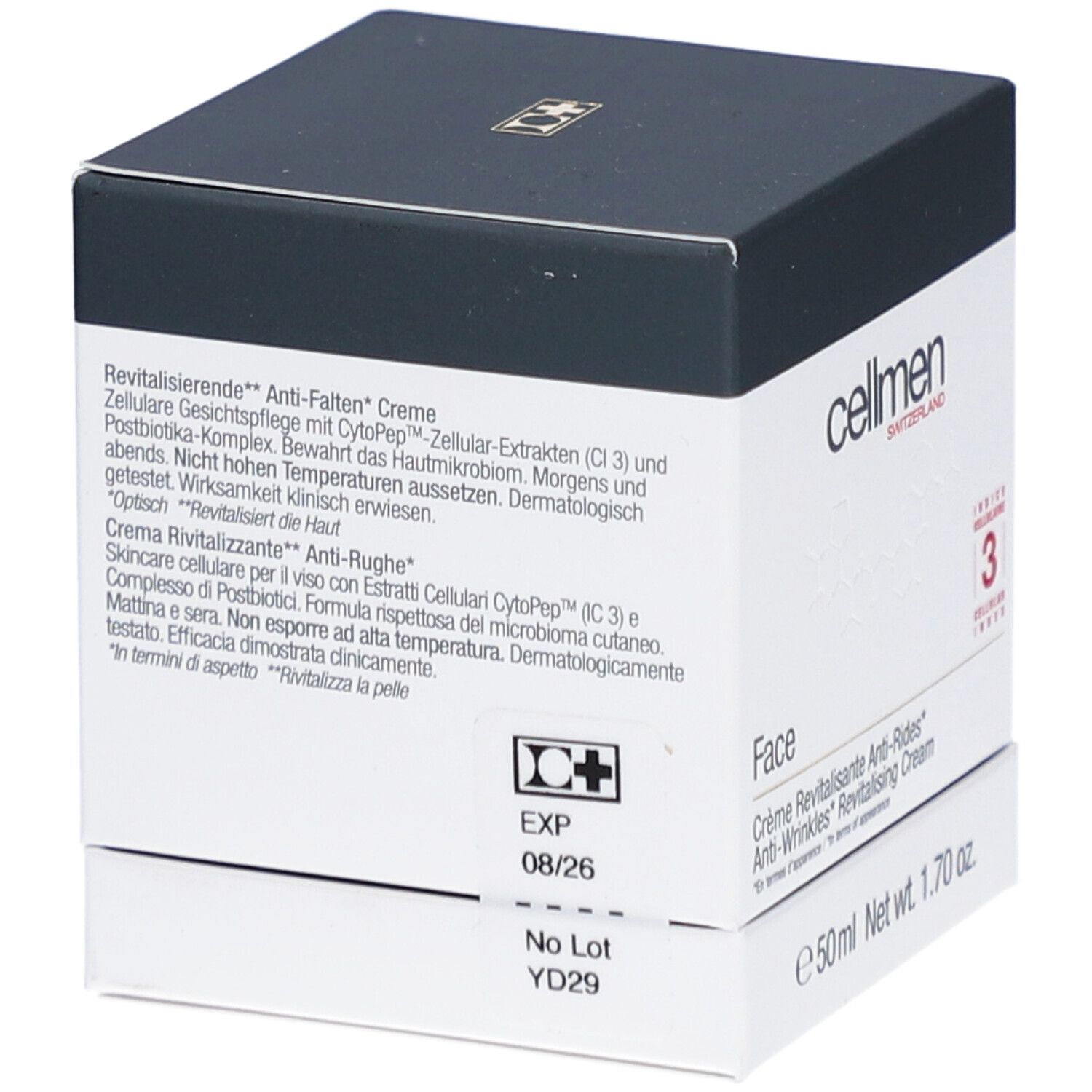 Boîte cosmétique blanche et noire. Inscription: cellmen, EXP 08/26, No Lot YD29. Texte en allemand, français et italien.