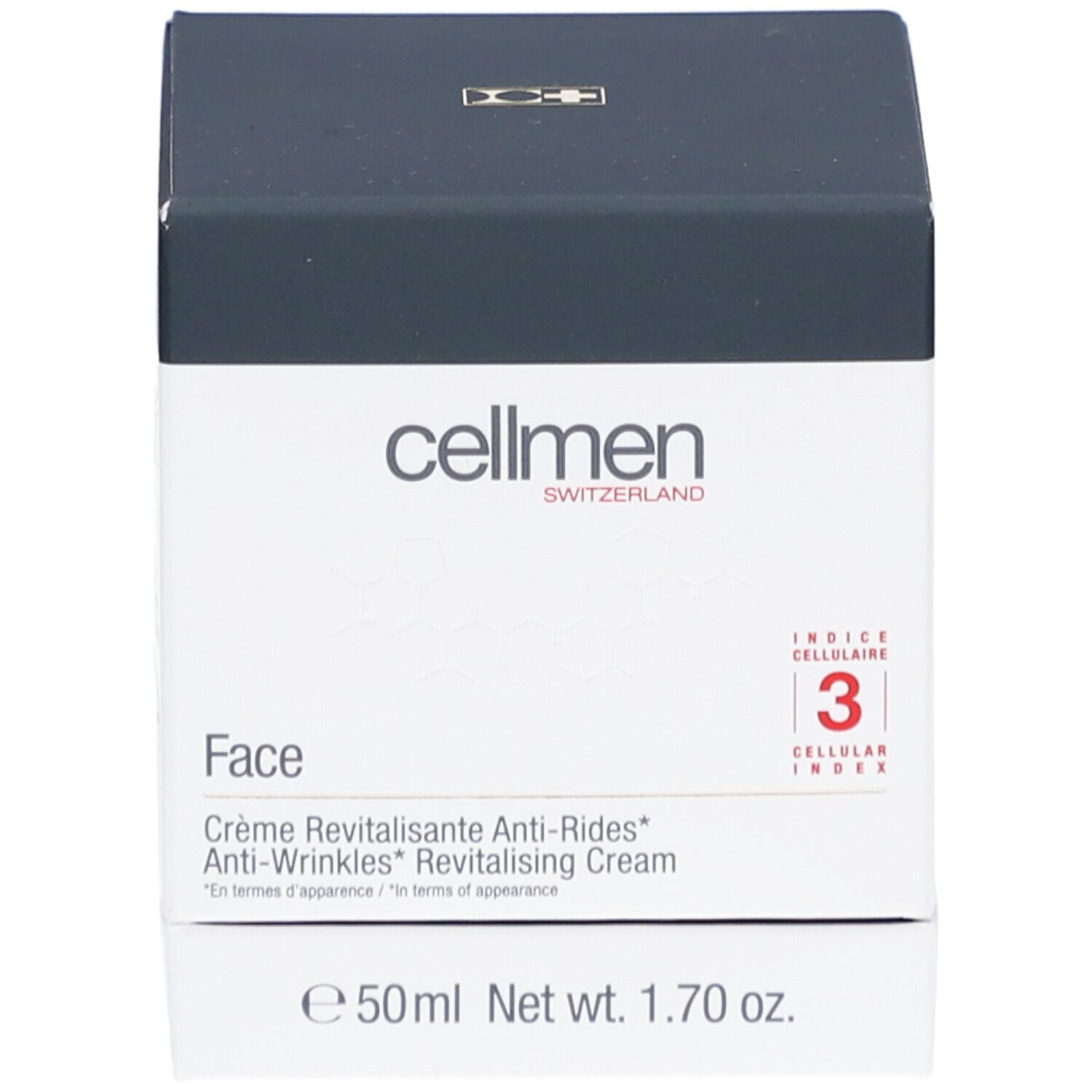 Boîte cosmétique blanche et noire. Inscription: cellmen, Face, Crème Revitalisante Anti-Rides, 50ml, Net wt. 1.70 oz. Indice Cellulaire 3.