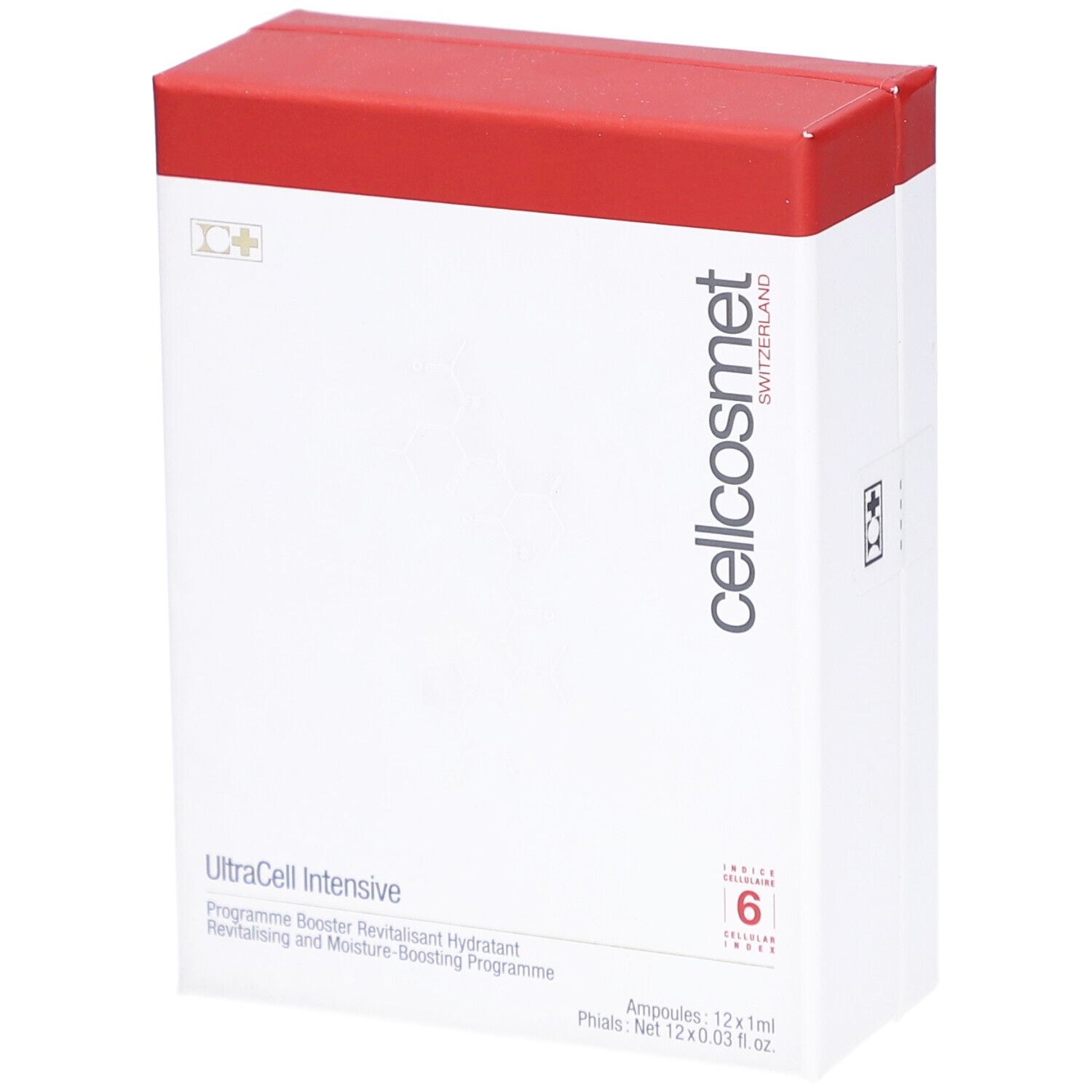 Boîte blanche, couvercle rouge. Logo Cellcosmet et UltraCell Intensive. Contient 6 ampoules.