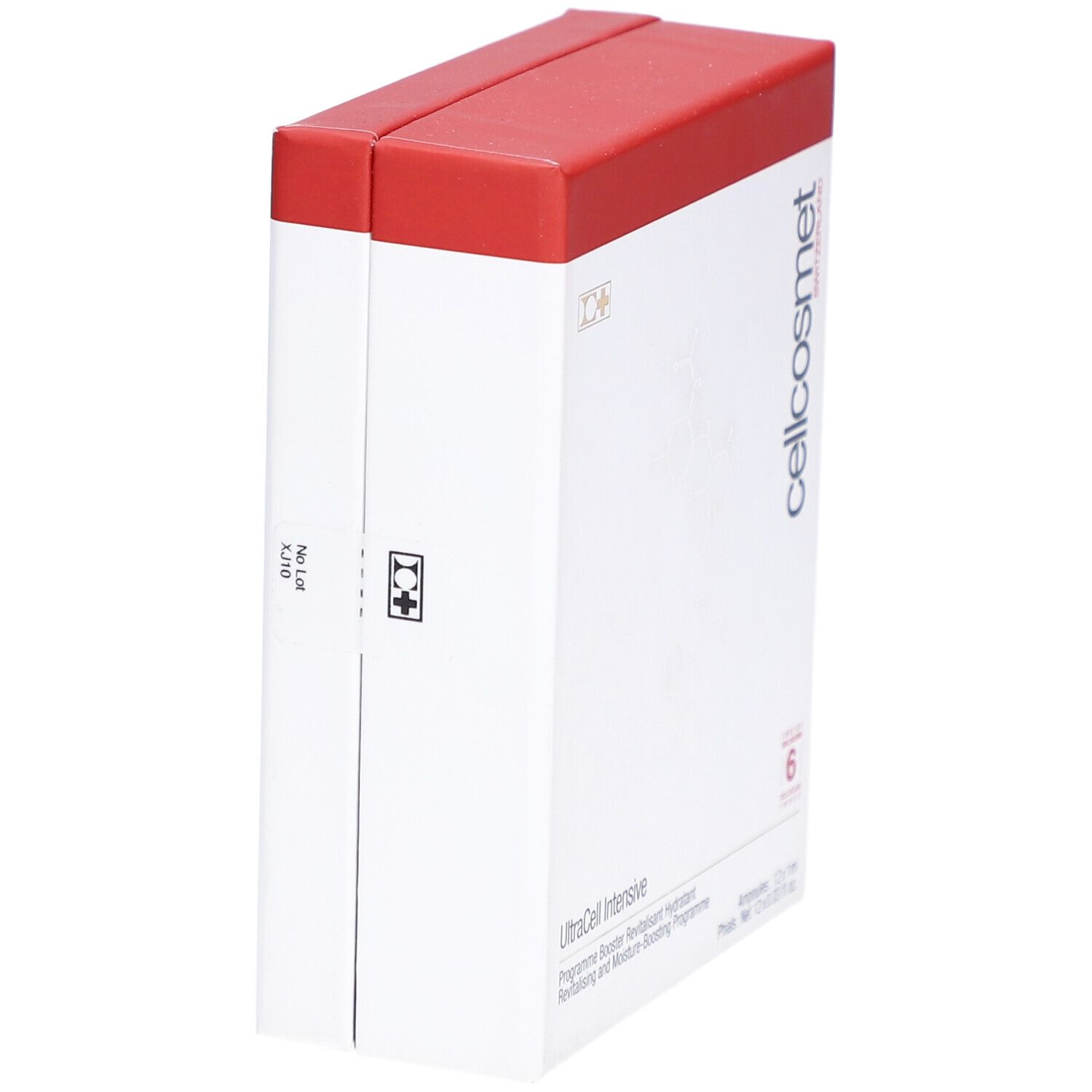 Boîte blanche, couvercle rouge. Logo Cellcosmet et UltraCell Intensive. Contient 6 ampoules.