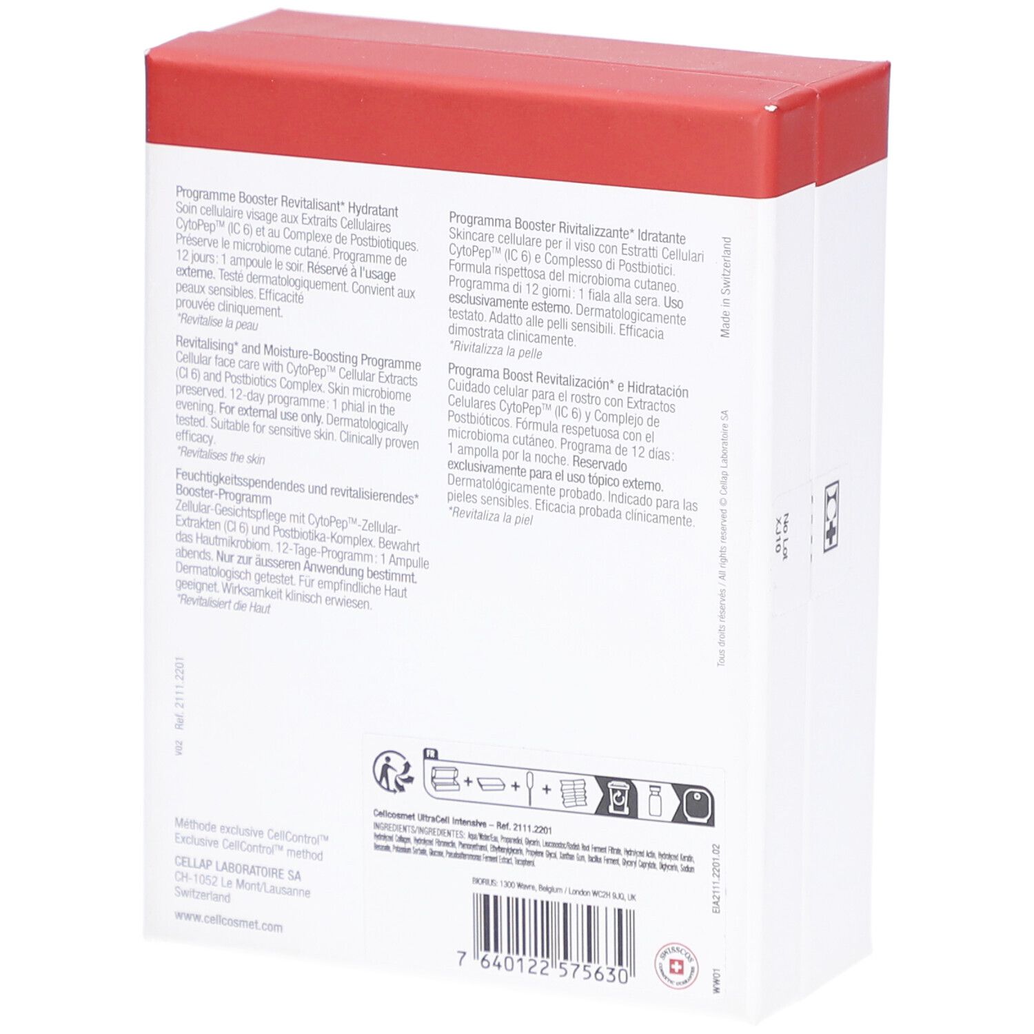 Dos de la boîte blanche, couvercle rouge. Informations textuelles et logos. 6 ampoules.