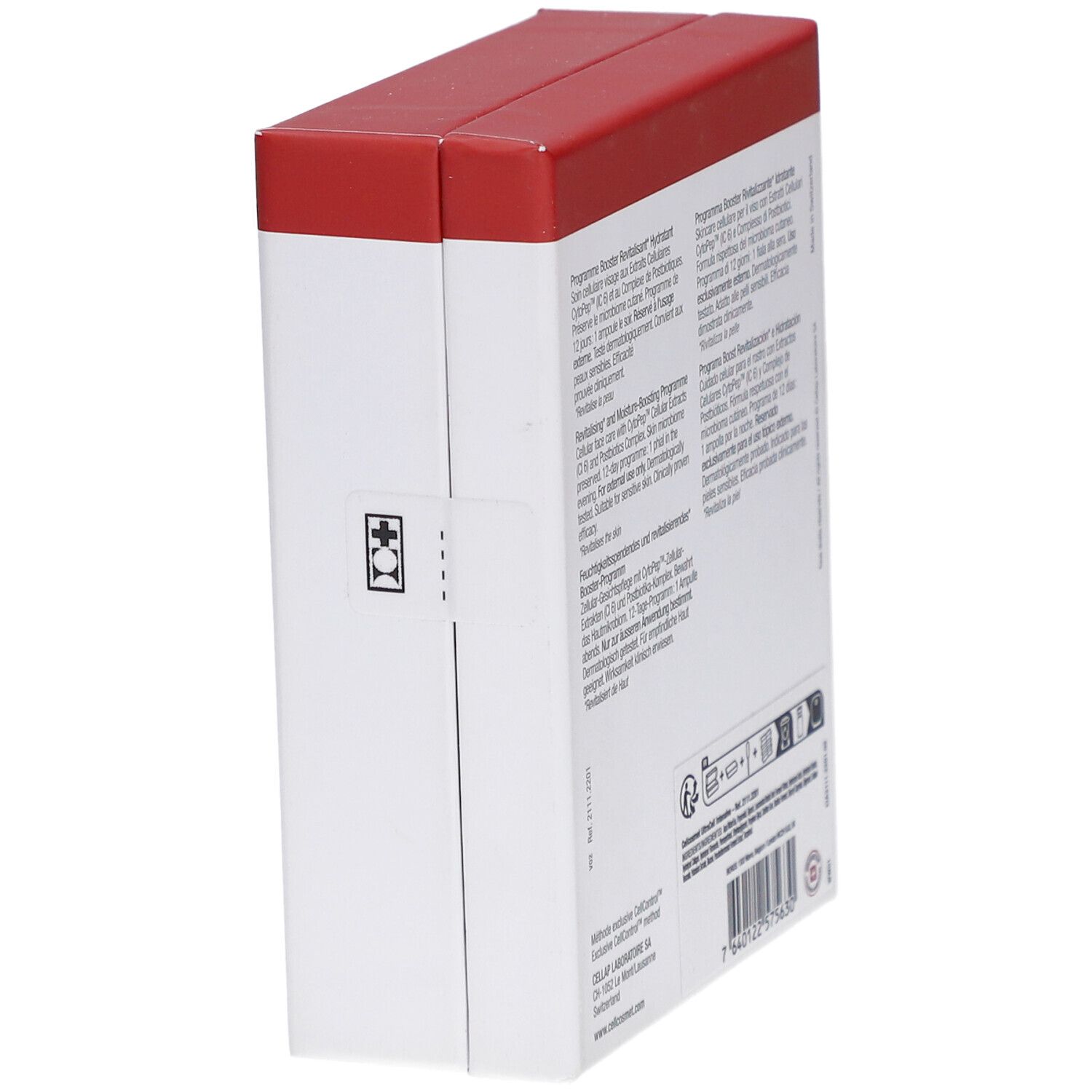 Boîte blanche, couvercle rouge. Informations textuelles et logos. 6 ampoules.