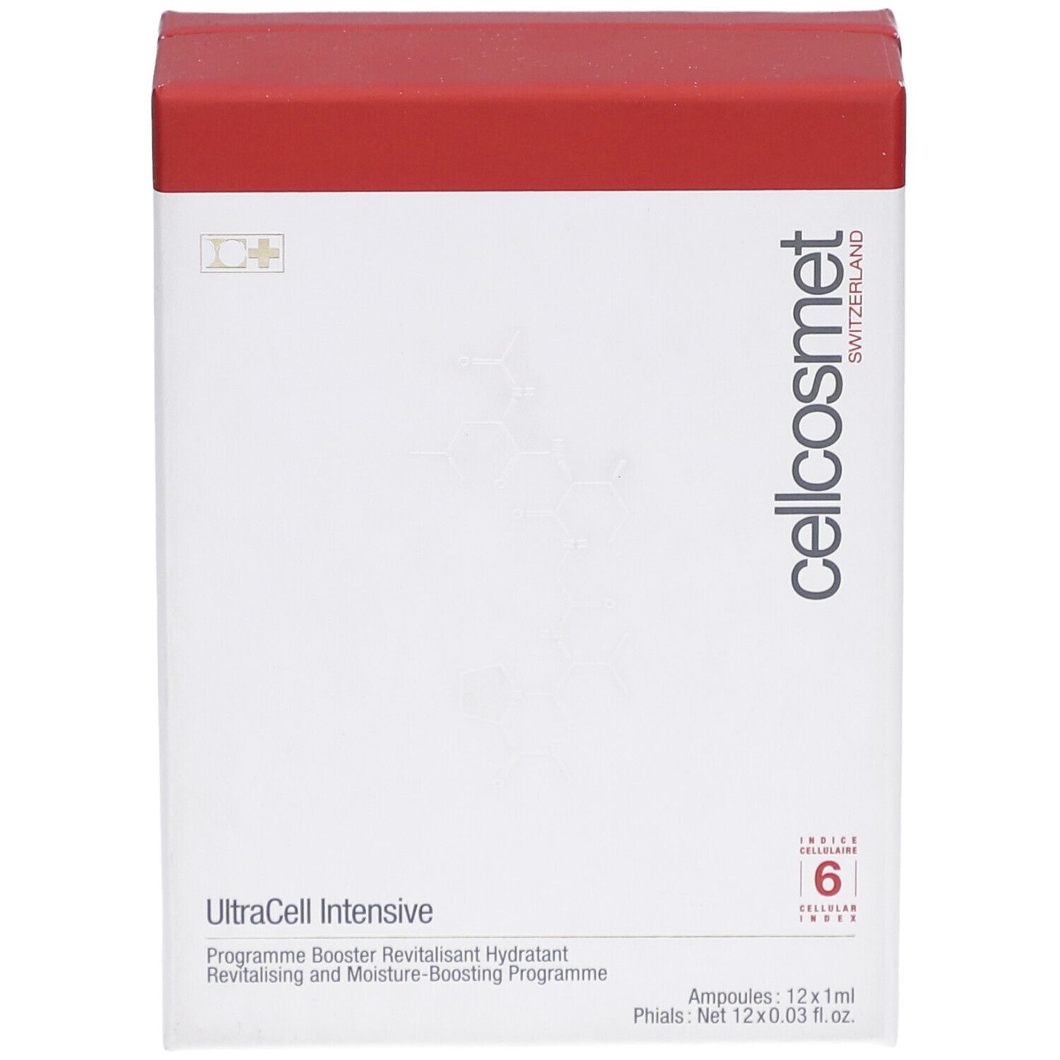 Boîte blanche, couvercle rouge. Logo Cellcosmet et UltraCell Intensive. Contient 6 ampoules.