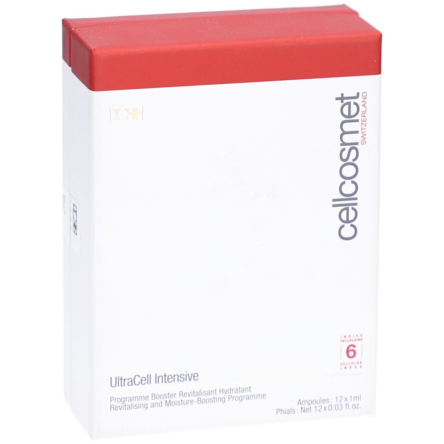 Boîte blanche, couvercle rouge. Logo Cellcosmet et UltraCell Intensive. Contient 6 ampoules.