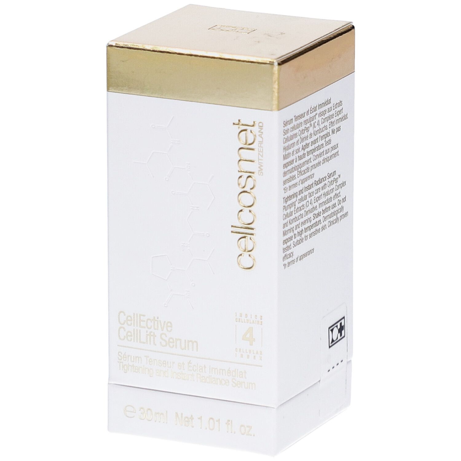 Witte rechthoekige productverpakking met gouden deksel. Cellcosmet-logo en productnaam CellEctive CellLift Serum.