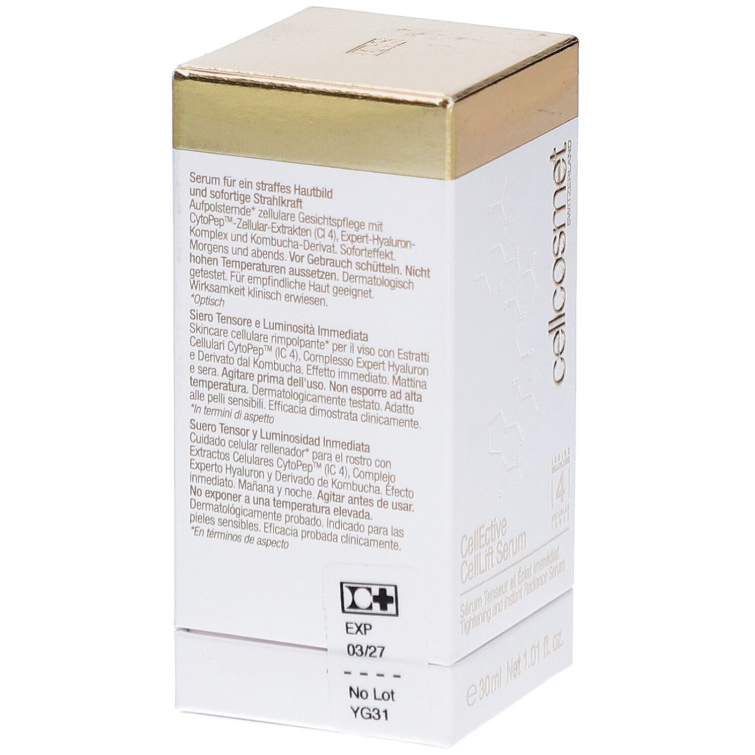 Witte verpakking met tekst. Gouden deksel. Tekst in het Duits en Italiaans. Bevat productinformatie.