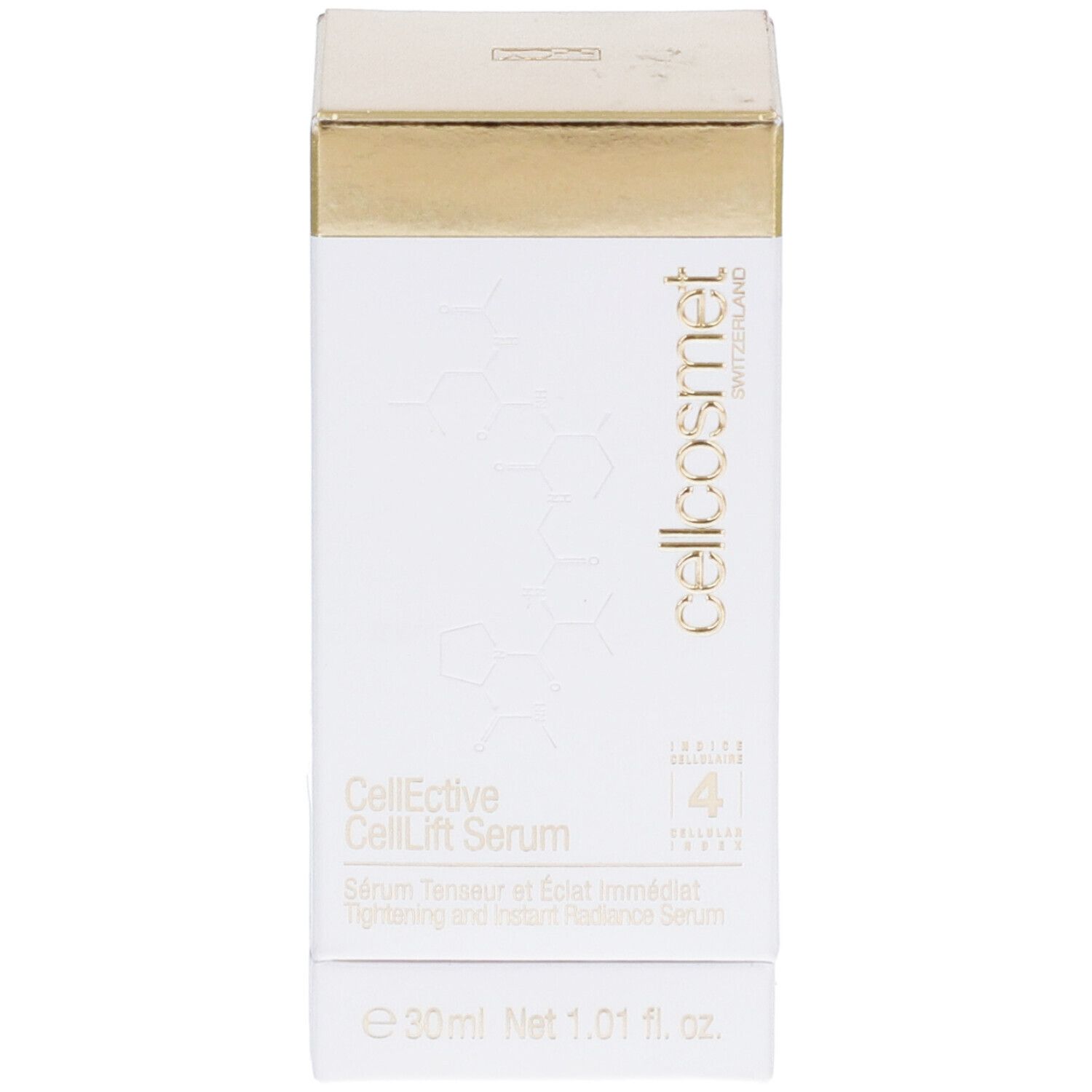 Witte rechthoekige productverpakking met gouden deksel. Cellcosmet-logo en productnaam CellEctive CellLift Serum.
