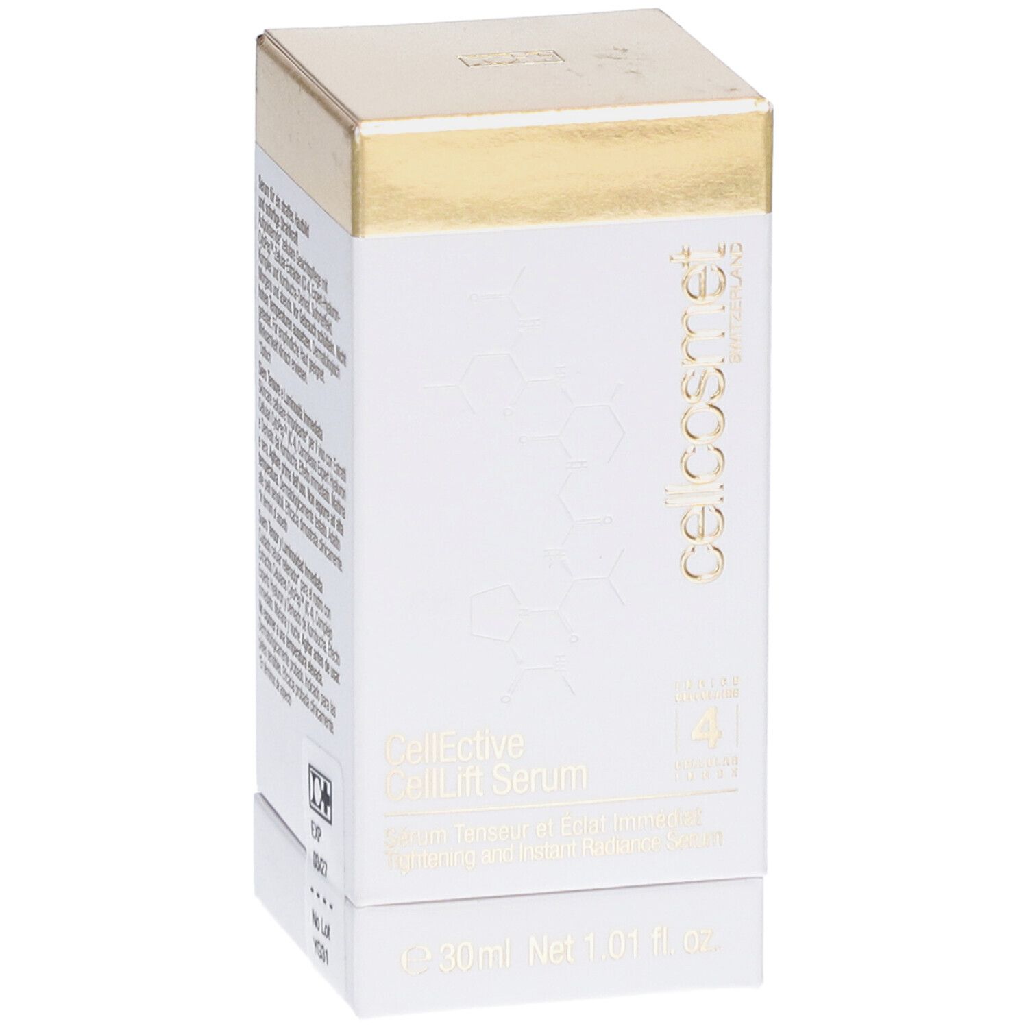 Witte verpakking met tekst en gouden deksel. Cellcosmet-logo en productnaam CellEctive CellLift Serum.