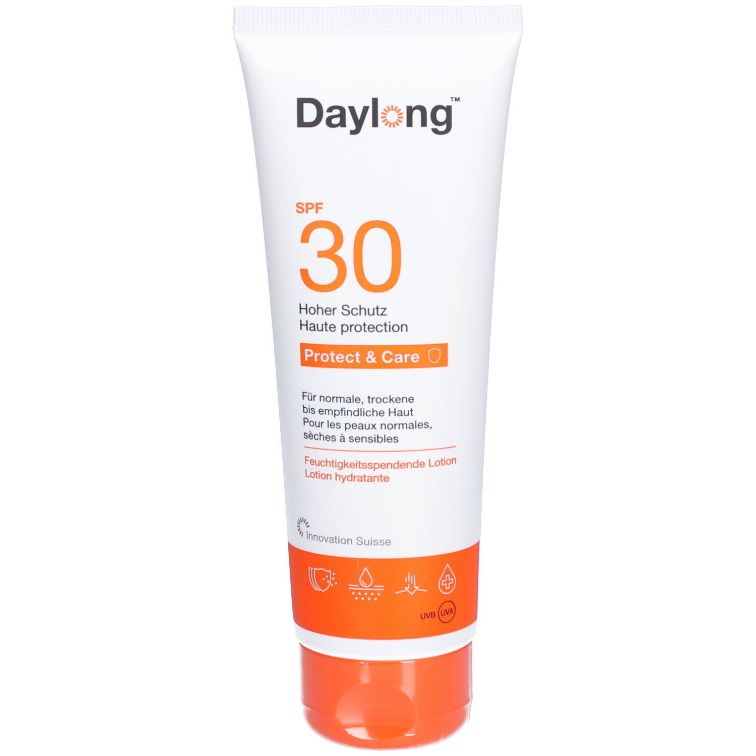 Witte tube met oranje dop. Opschrift: Daylong SPF 30 Protect & Care. Voor normale, droge tot gevoelige huid.