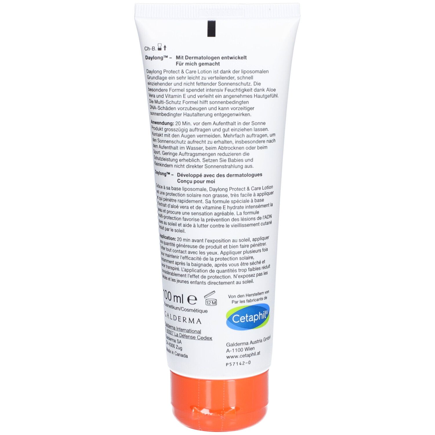 Achterkant van de tube. Tekst: Daylong Protect & Care Lotion. Ontwikkeld met dermatologen. Bevat informatie over gebruik en ingrediënten.
