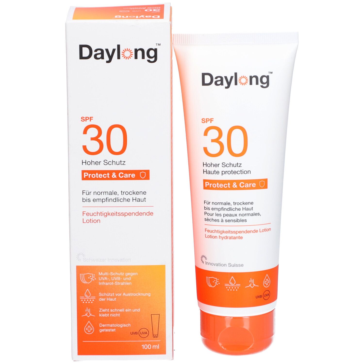Verpakking en tube. Verpakking: wit met oranje accent. Opschrift: Daylong SPF 30 Protect & Care. Tube: wit met oranje dop.
