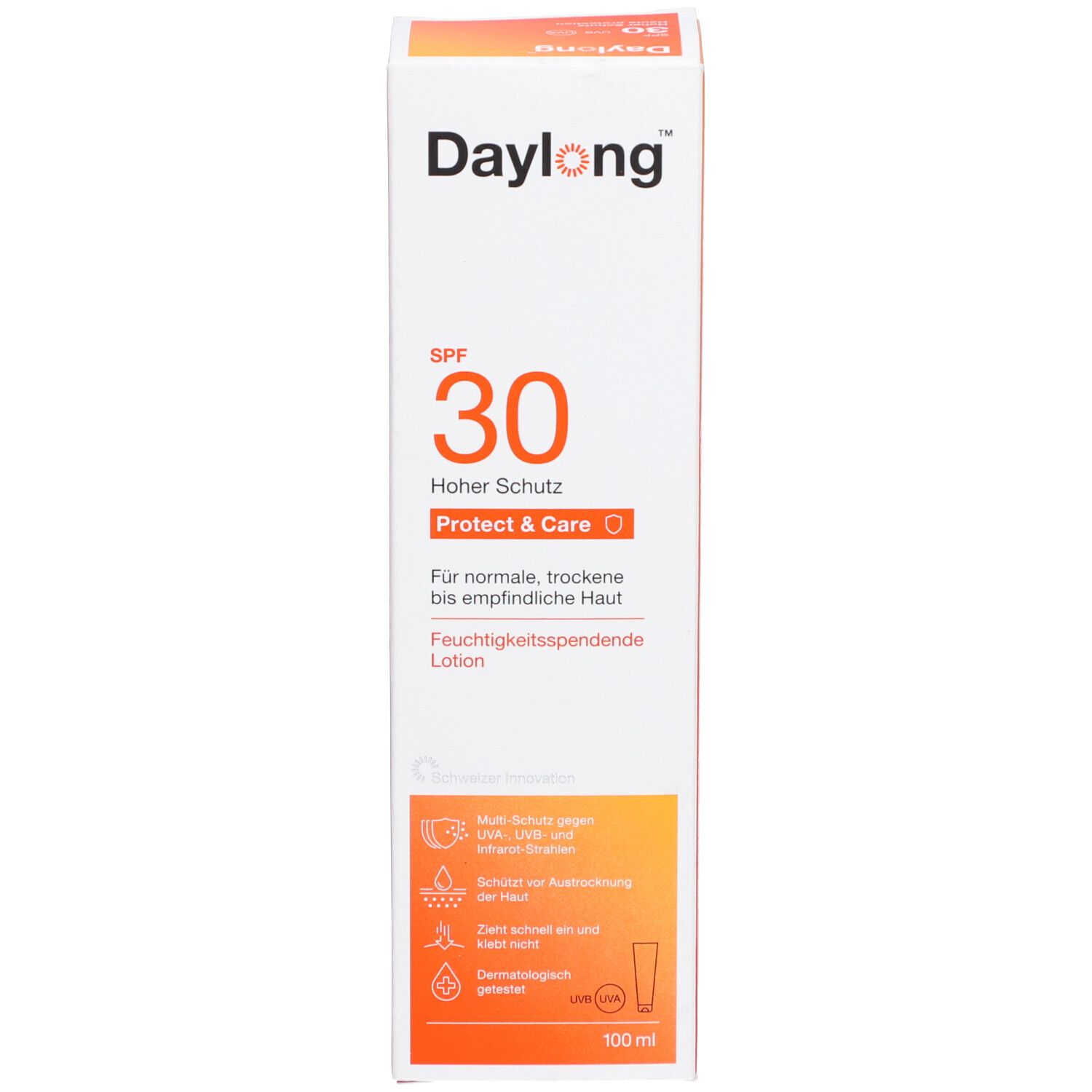 Productverpakking. Wit met oranje accent. Opschrift: Daylong SPF 30 Protect & Care. Voor normale, droge tot gevoelige huid.