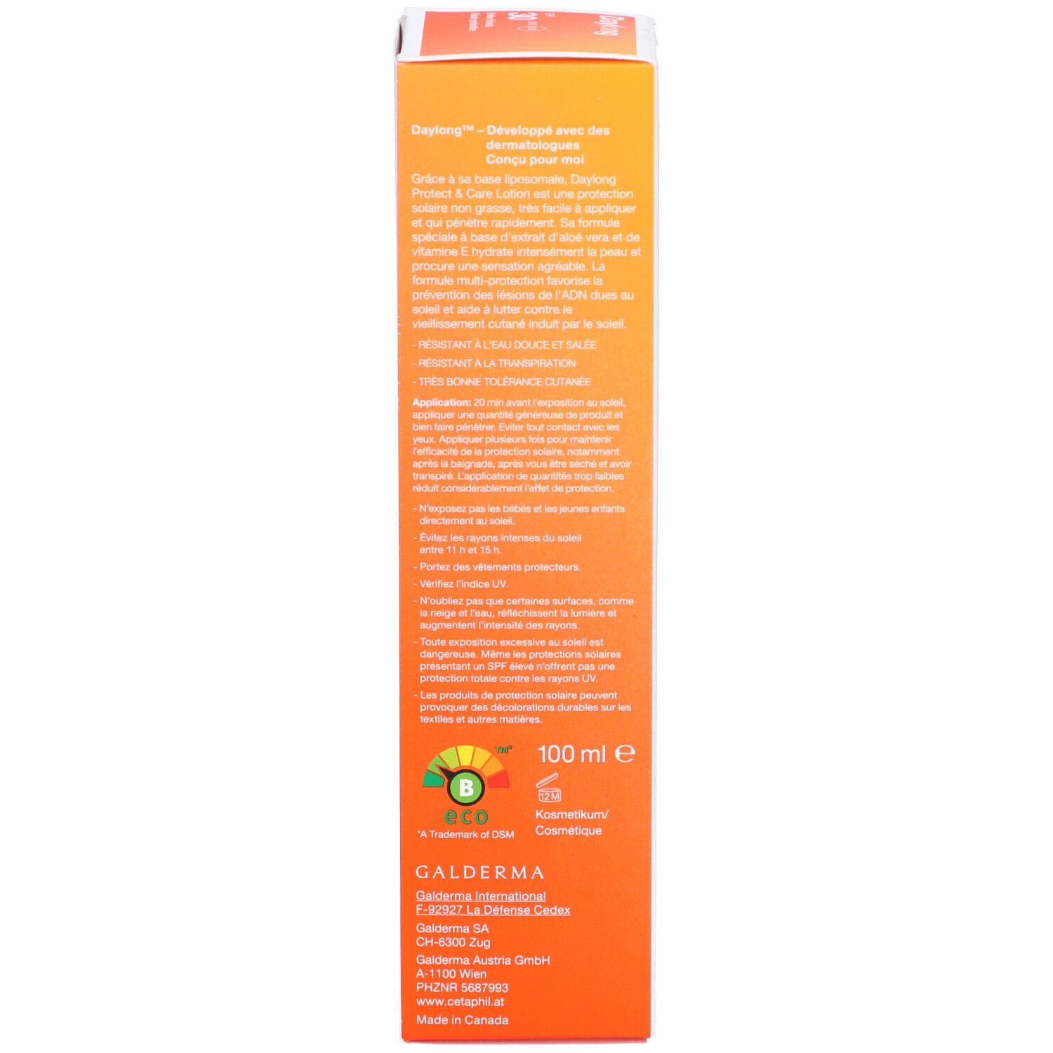 Achterkant van de productverpakking. Tekst: Daylong Protect & Care Lotion. Bevat informatie over gebruik, ingrediënten en certificeringen.