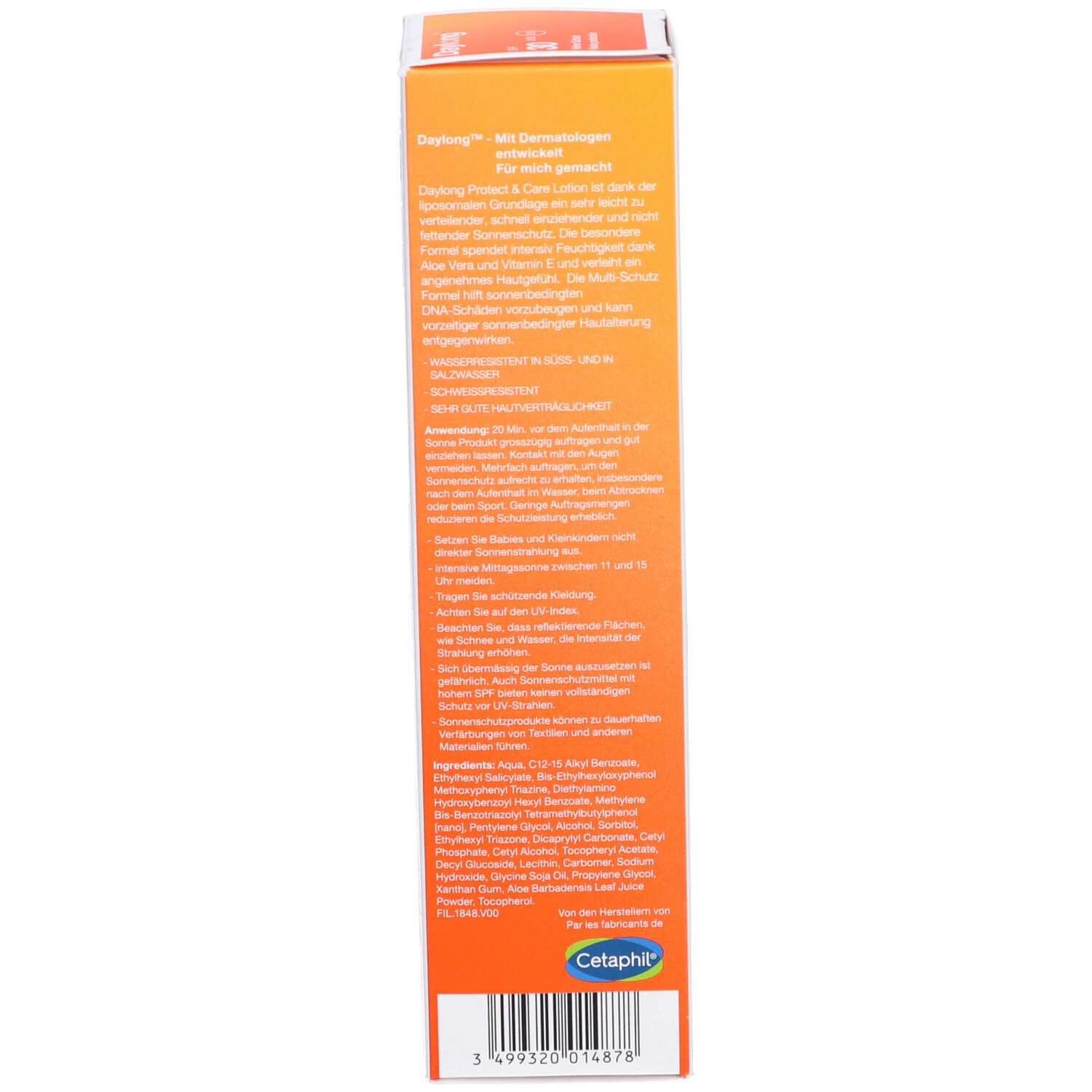 Zijkant van de productverpakking. Tekst: Daylong Protect & Care Lotion. Bevat informatie over ingrediënten en fabrikant.
