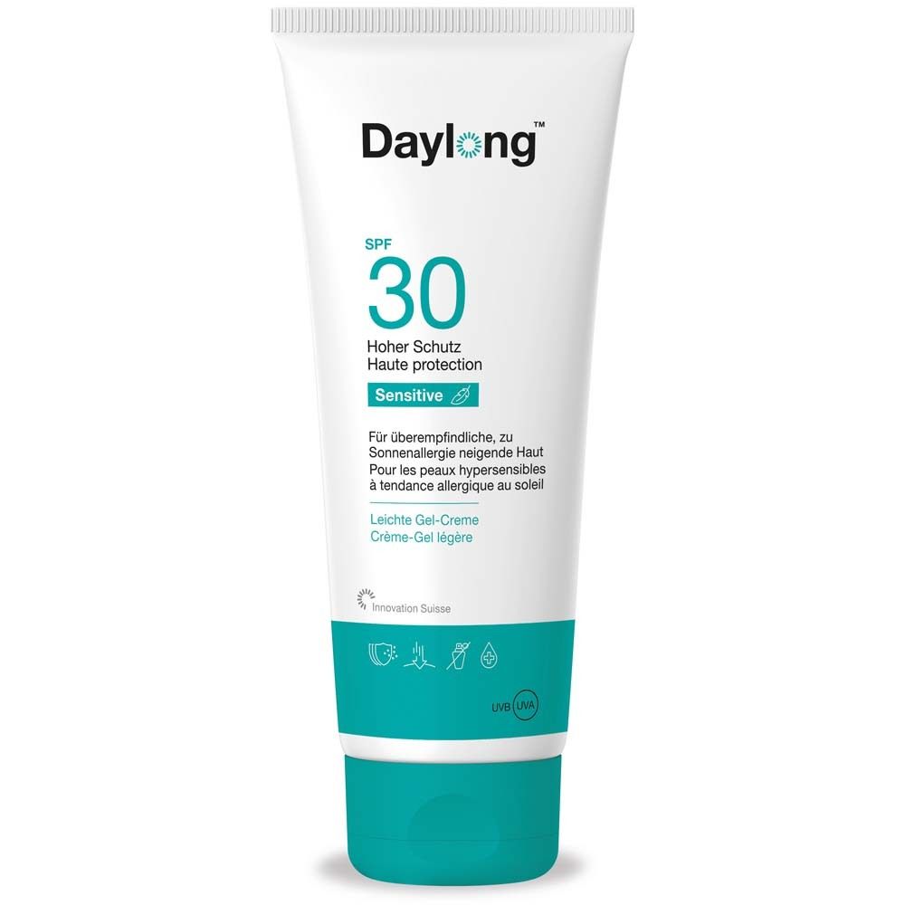 Witte tube met Daylong-logo, SPF 30 en productinfo. Turquoise dop.