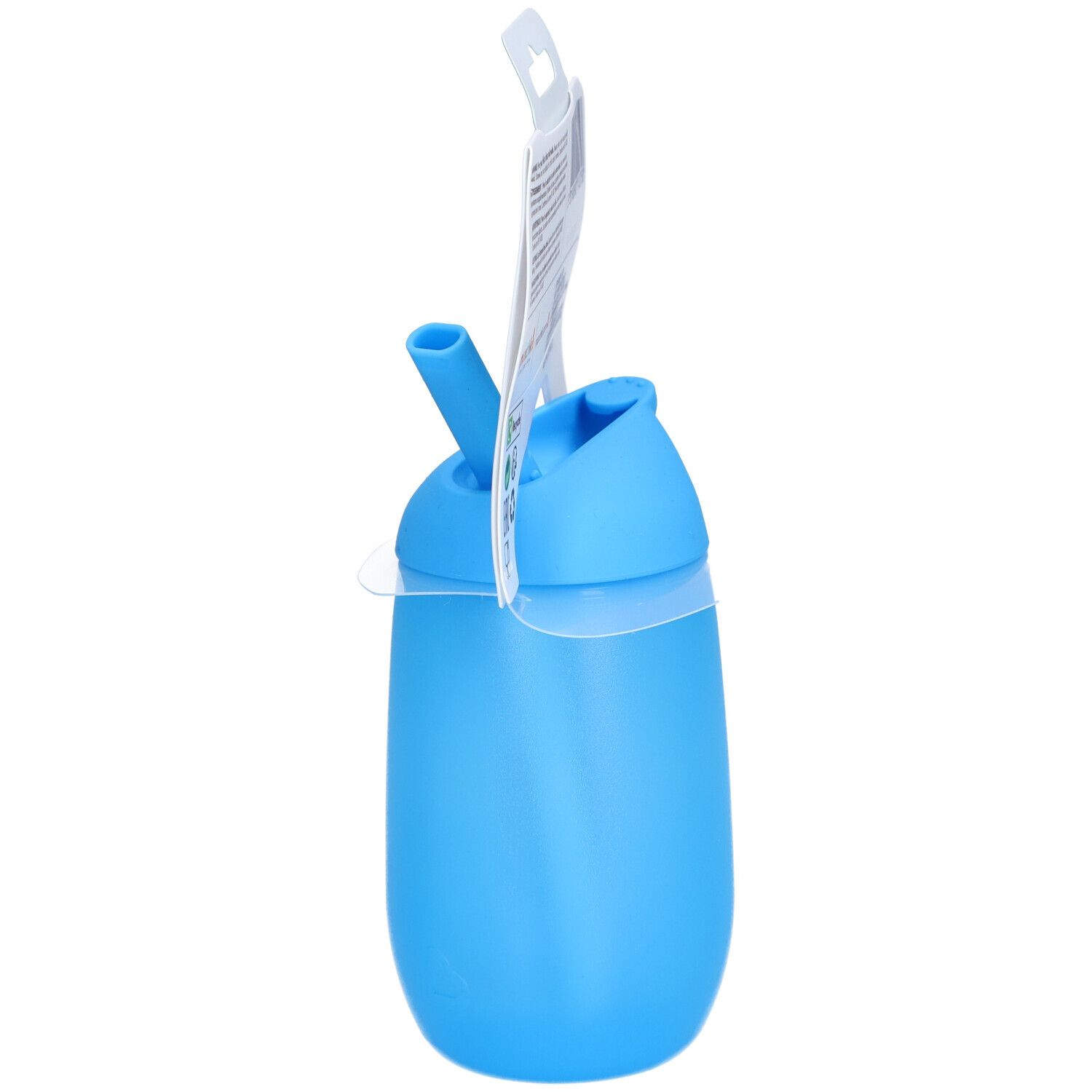 Blauwe beker met rietje, zijaanzicht. Verpakking met productinformatie.