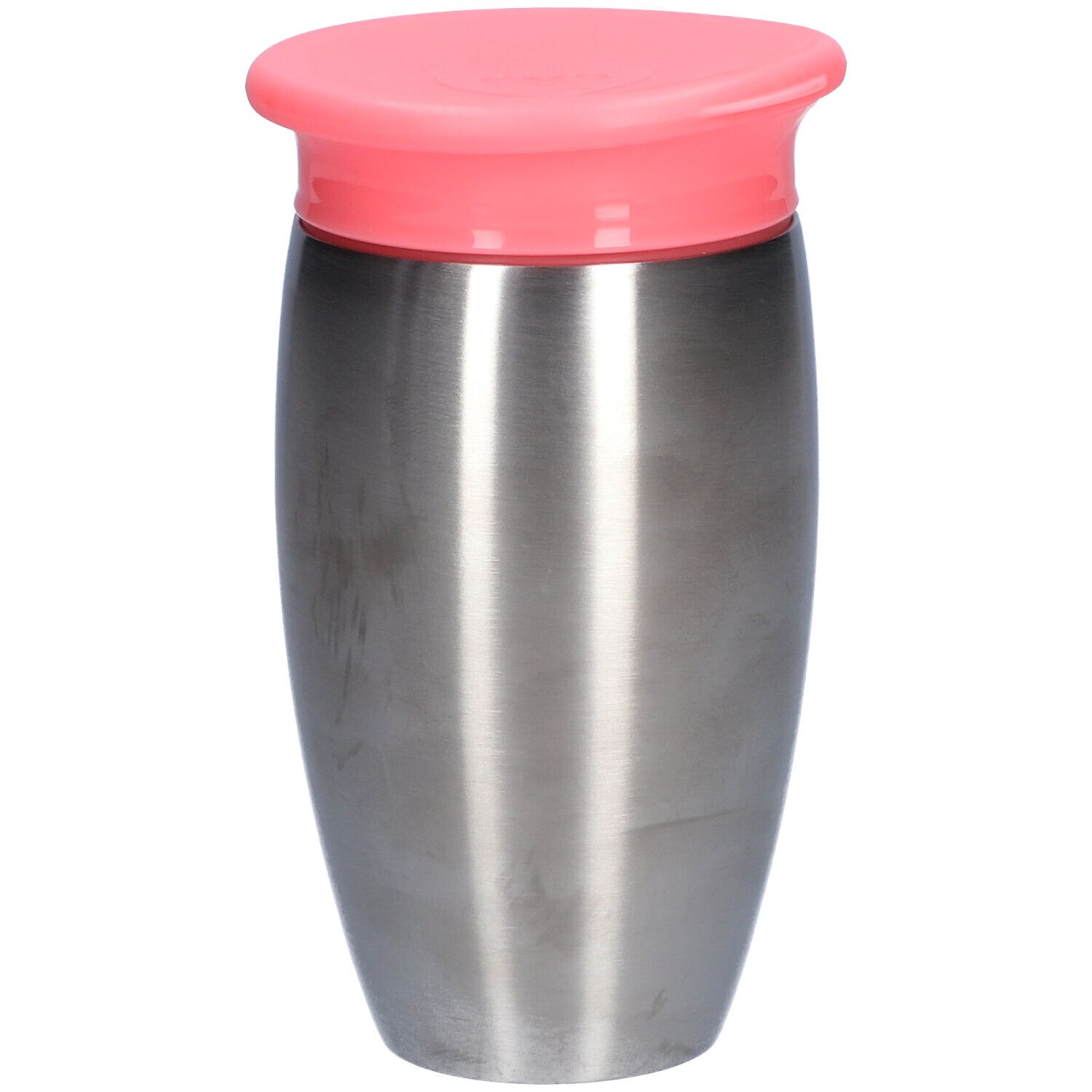 Roestvrijstalen beker met roze deksel. Cilindrische vorm, glad oppervlak. Deksel met afgeronde vorm.