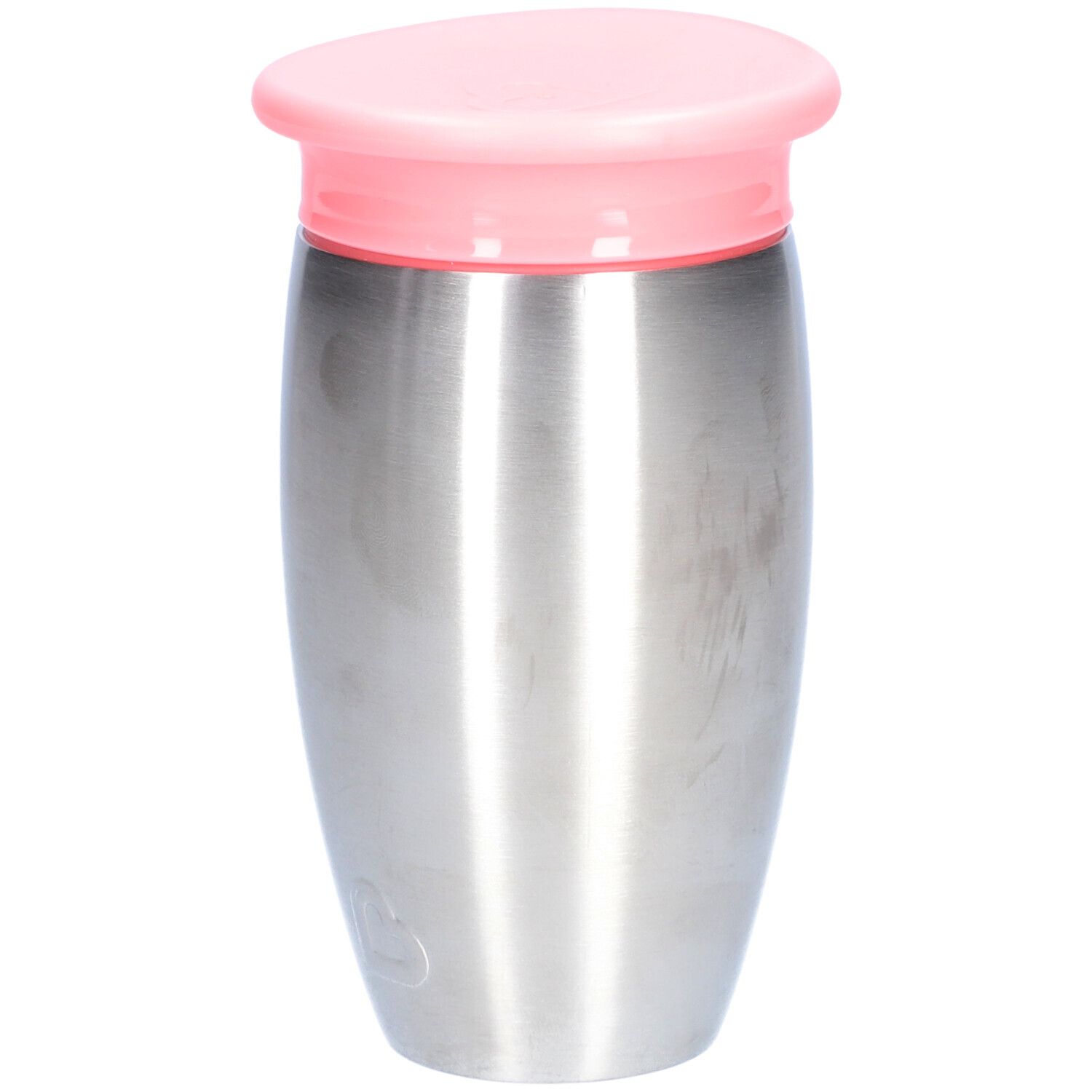 Roestvrijstalen beker met roze deksel. Cilindrische vorm, glad oppervlak. Klein hartlogo onderaan.