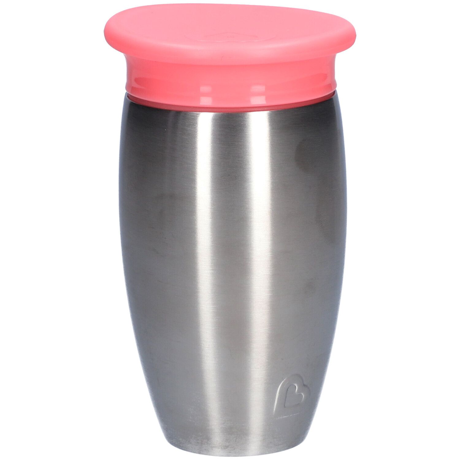 Roestvrijstalen beker met roze deksel. Cilindrische vorm, glad oppervlak. Klein hartlogo onderaan.