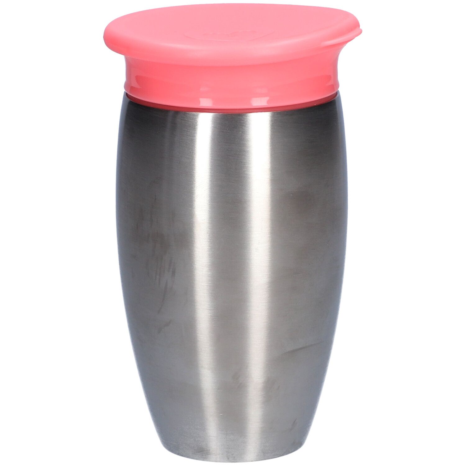 Roestvrijstalen beker met roze deksel. Cilindrische vorm, glad oppervlak. Klein hartlogo onderaan.