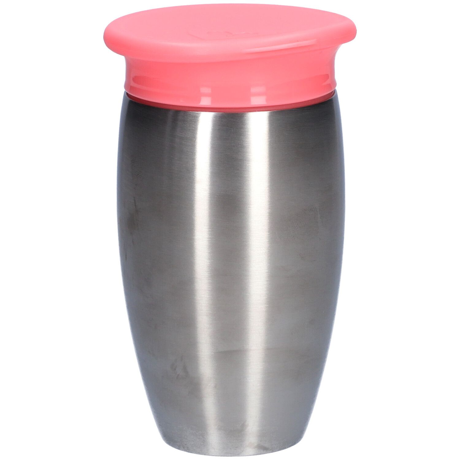 Roestvrijstalen beker met roze deksel. Cilindrische vorm, glad oppervlak. Klein hartlogo onderaan.