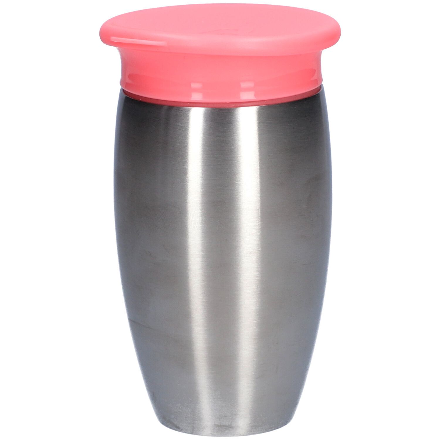 Roestvrijstalen beker met roze deksel. Cilindrische vorm, glad oppervlak. Klein hartlogo onderaan.