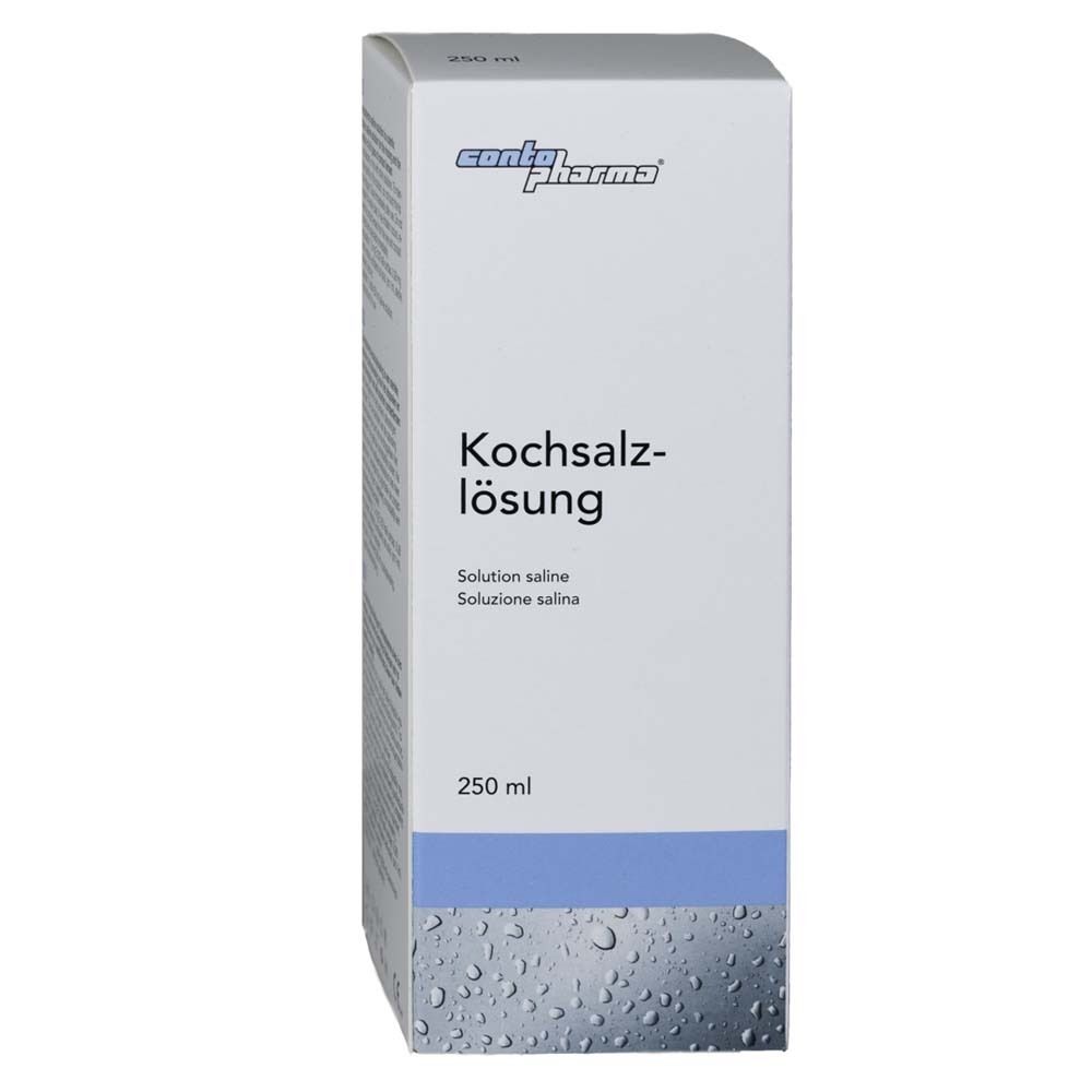 Witte doos met contopharma® logo en opschrift Kochsalzlösung. Bevat 250 ml. Blauwe markering onderaan.