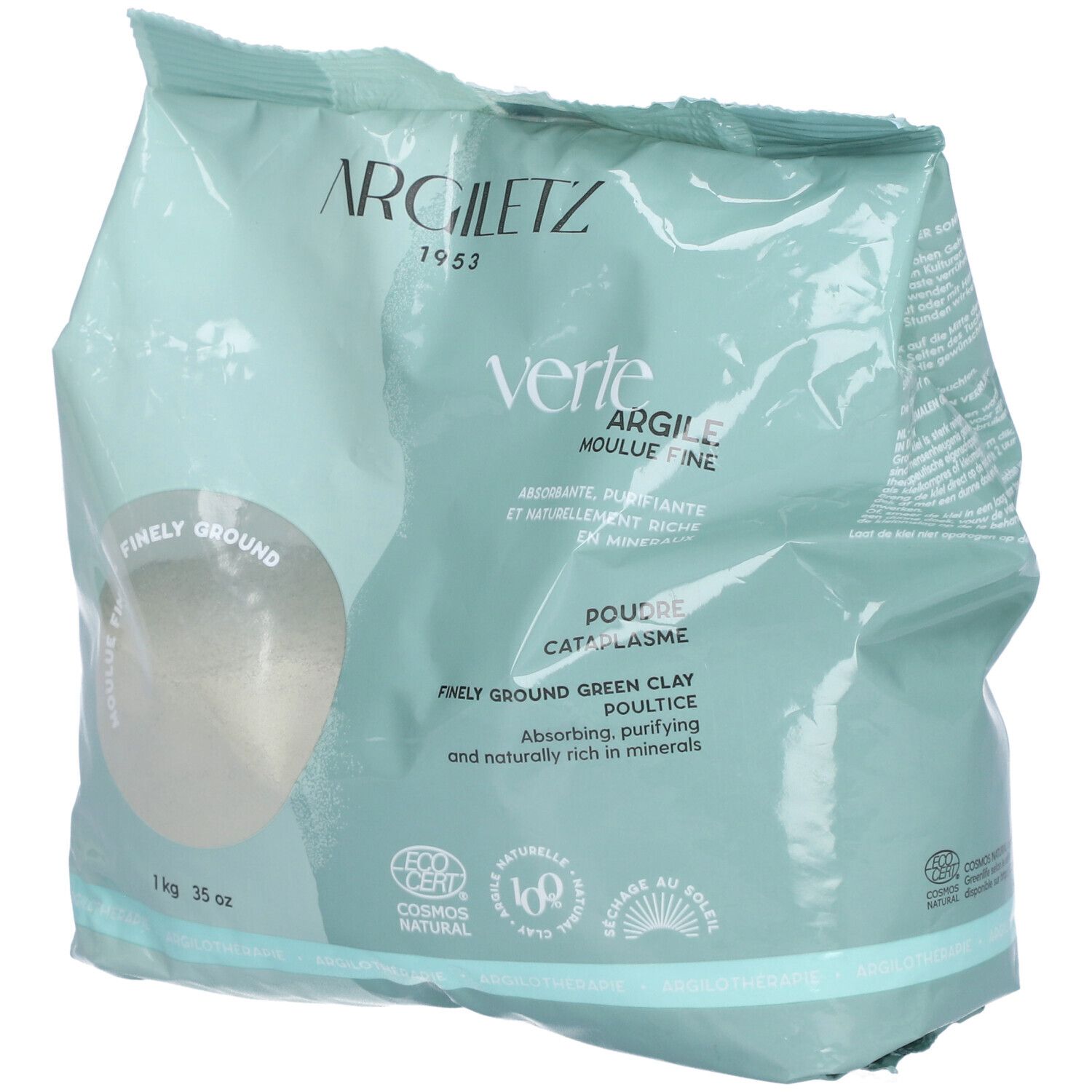 Zak Argiletz groene kleipoeder. Opschrift: Argile verte, moulu fine. 1 kg, 35 oz. COSMOS NATURAL-certificering.