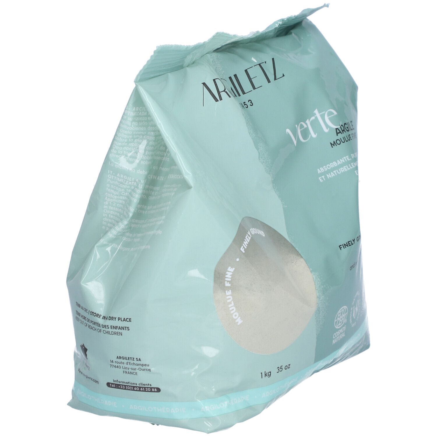 Zak Argiletz groene kleipoeder. Opschrift: Argile verte, moulu fine. 1 kg, 35 oz. COSMOS NATURAL-certificering.