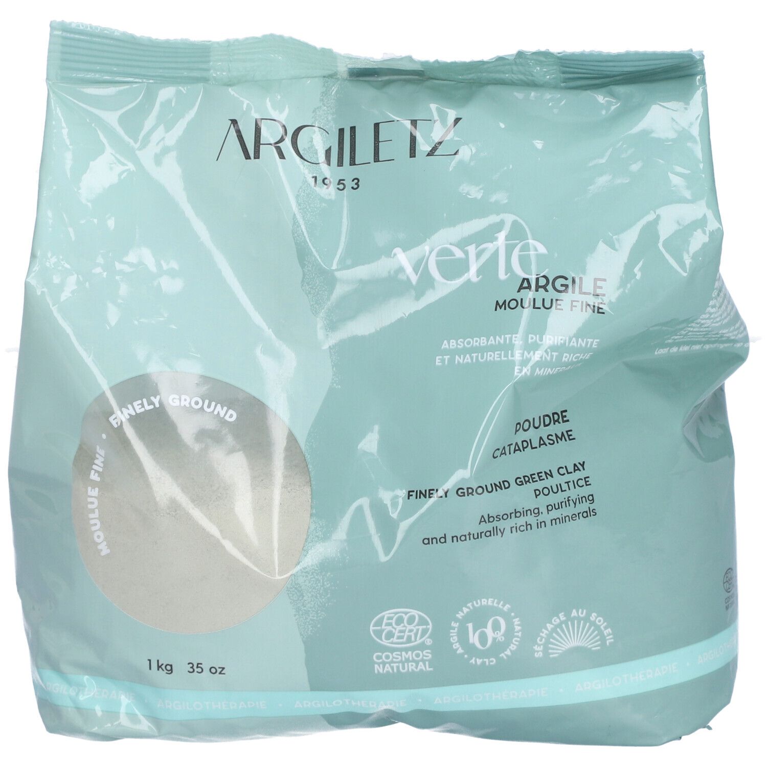 Zak Argiletz groene kleipoeder. Opschrift: Argile verte, moulu fine. 1 kg, 35 oz. COSMOS NATURAL-certificering.