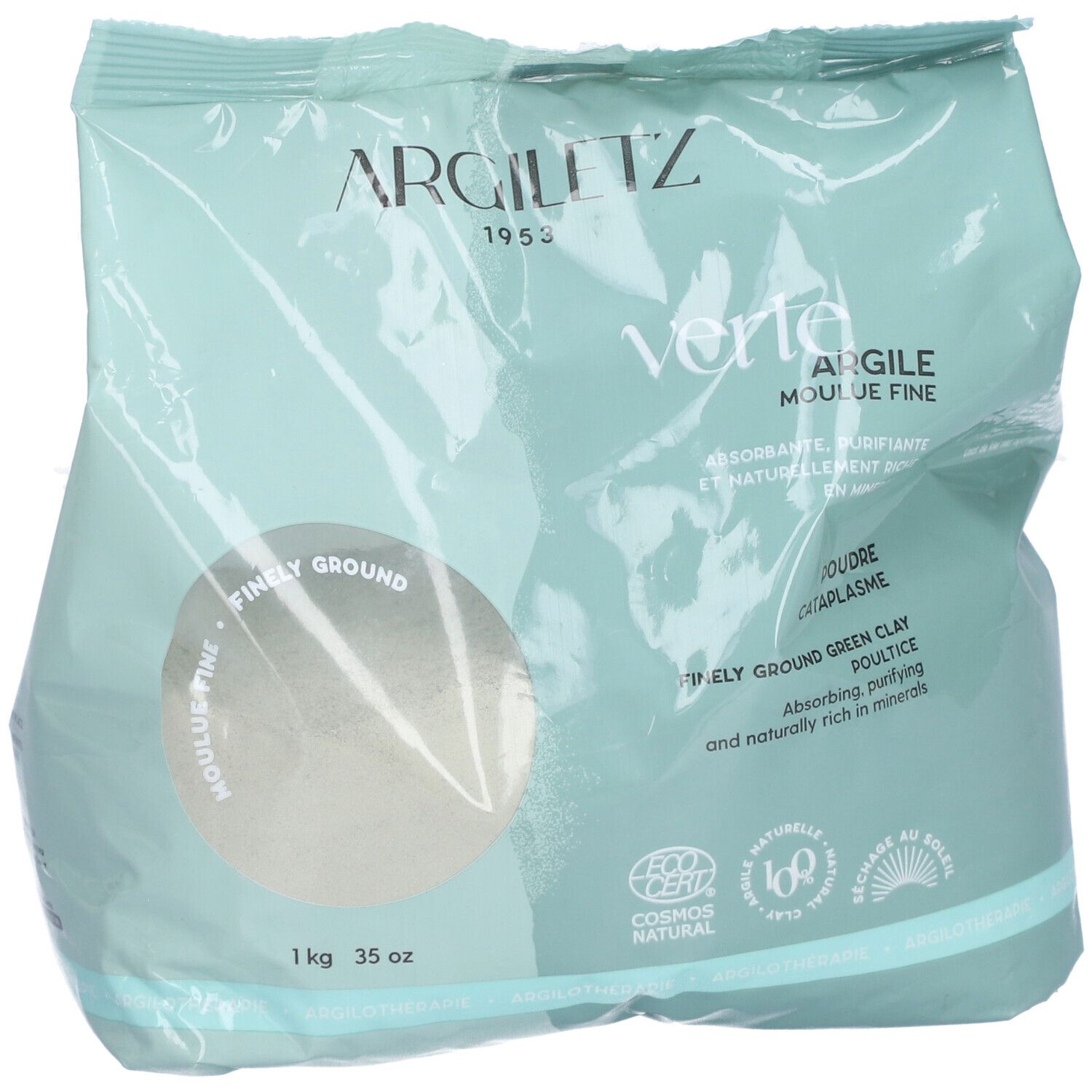 Zak Argiletz groene kleipoeder. Opschrift: Argile verte, moulu fine. 1 kg, 35 oz. COSMOS NATURAL-certificering.