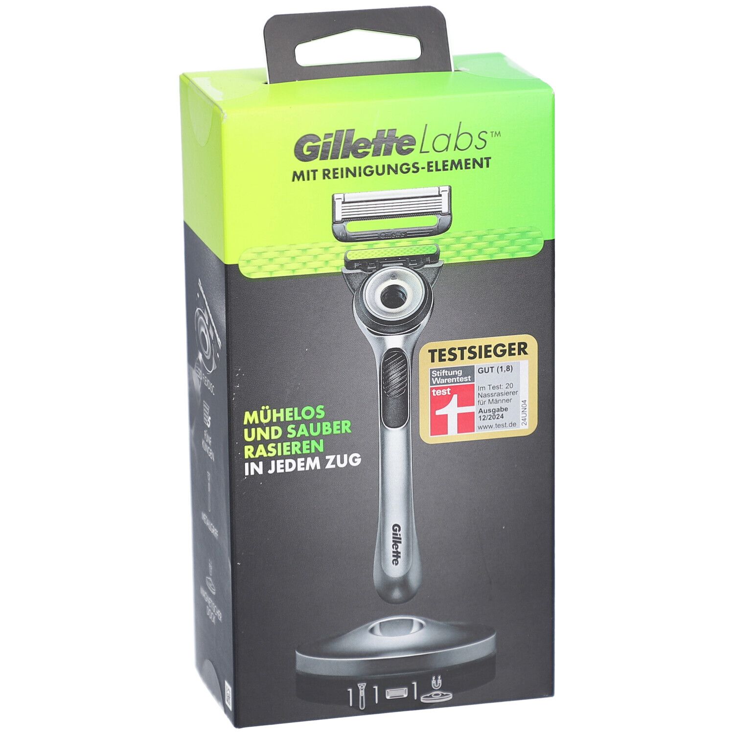 Rasoir Gillette Labs en boîte. Boîte verte et noire avec rasoir, support et logo. Sceau de test.