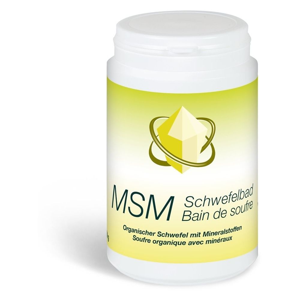 Witte pot met geel etiket. Opschrift: MSM Schwefelbad. Logo met gele diamant. Organische zwavel met mineralen.