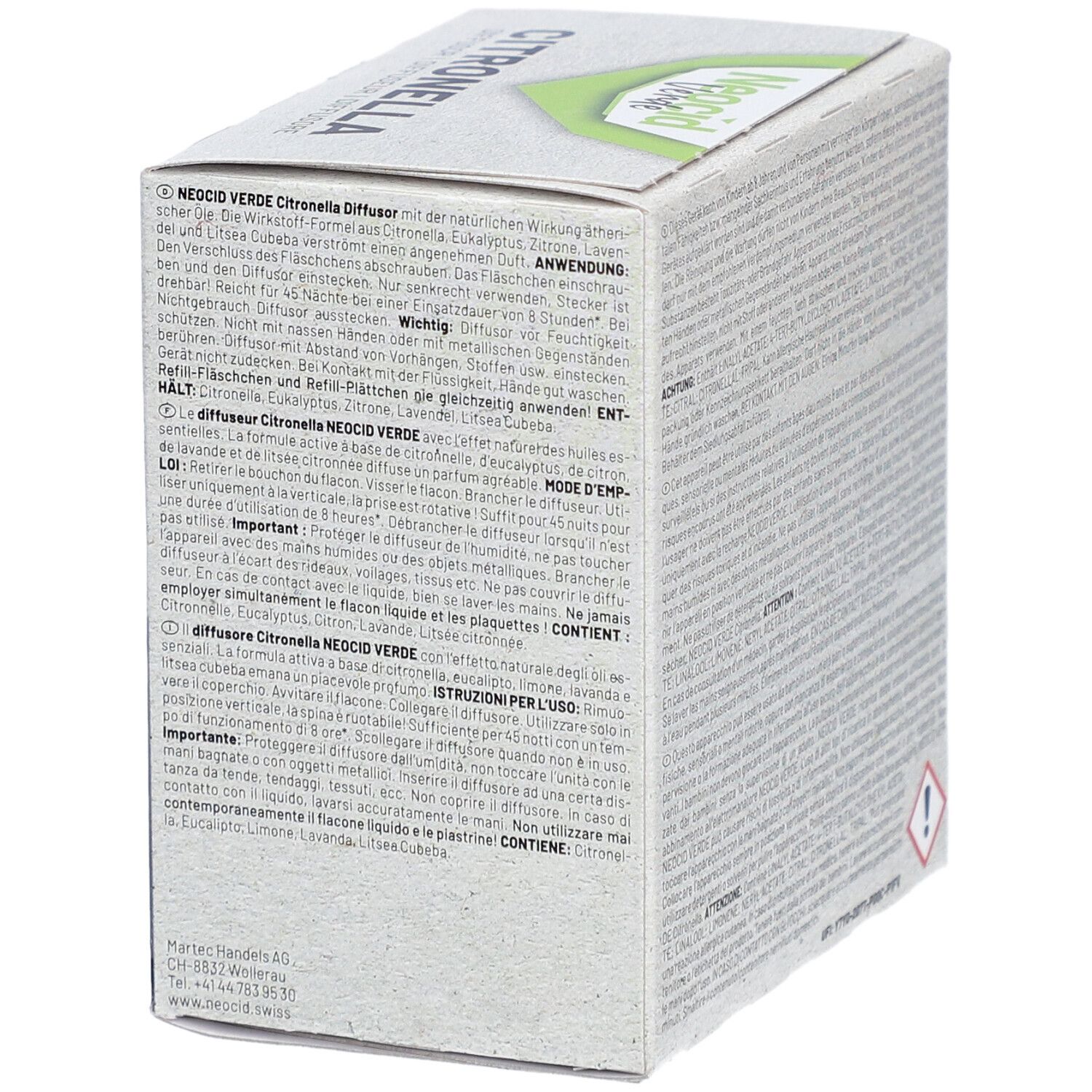 Emballage Neocid Verde Citronella Diffuseur. Texte avec instructions d'utilisation et coordonnées.