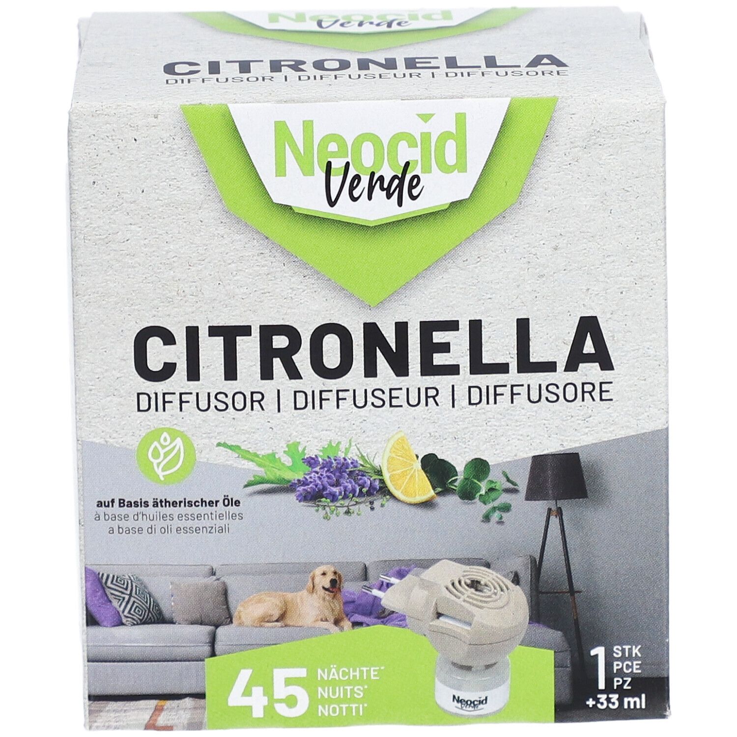 Emballage Neocid Verde Citronella Diffuseur. Image du produit avec scène de salon et 45 nuits.