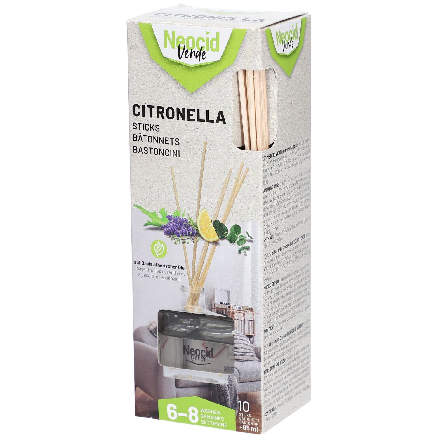 Boîte de bâtonnets de citronnelle. Contient des bâtonnets en bois, des illustrations de plantes et de citron. Marque : Neocid Verde.