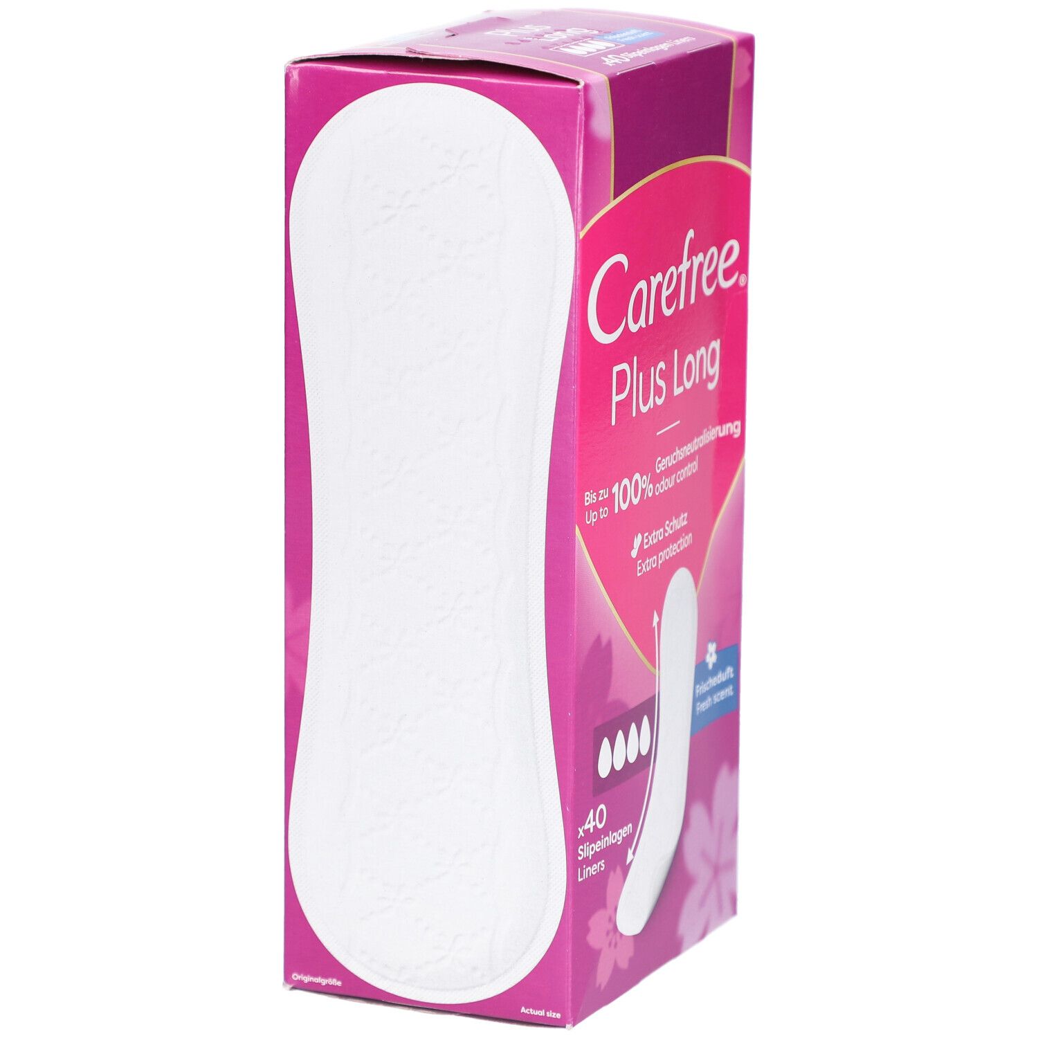 Carefree Plus Long verpakking. Roze verpakking met productafbeelding. Toont een enkel inlegkruisje ontwerp.