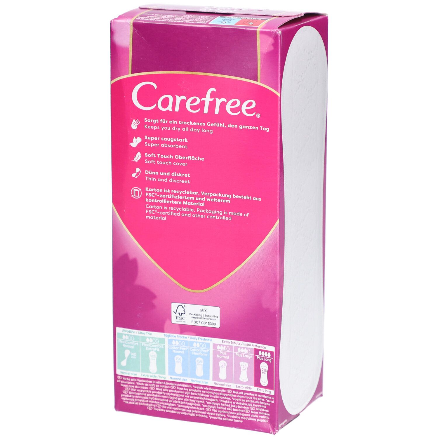 Achterkant van de Carefree Plus Long verpakking. Bevat productinformatie en FSC-certificering. Roze achtergrond.