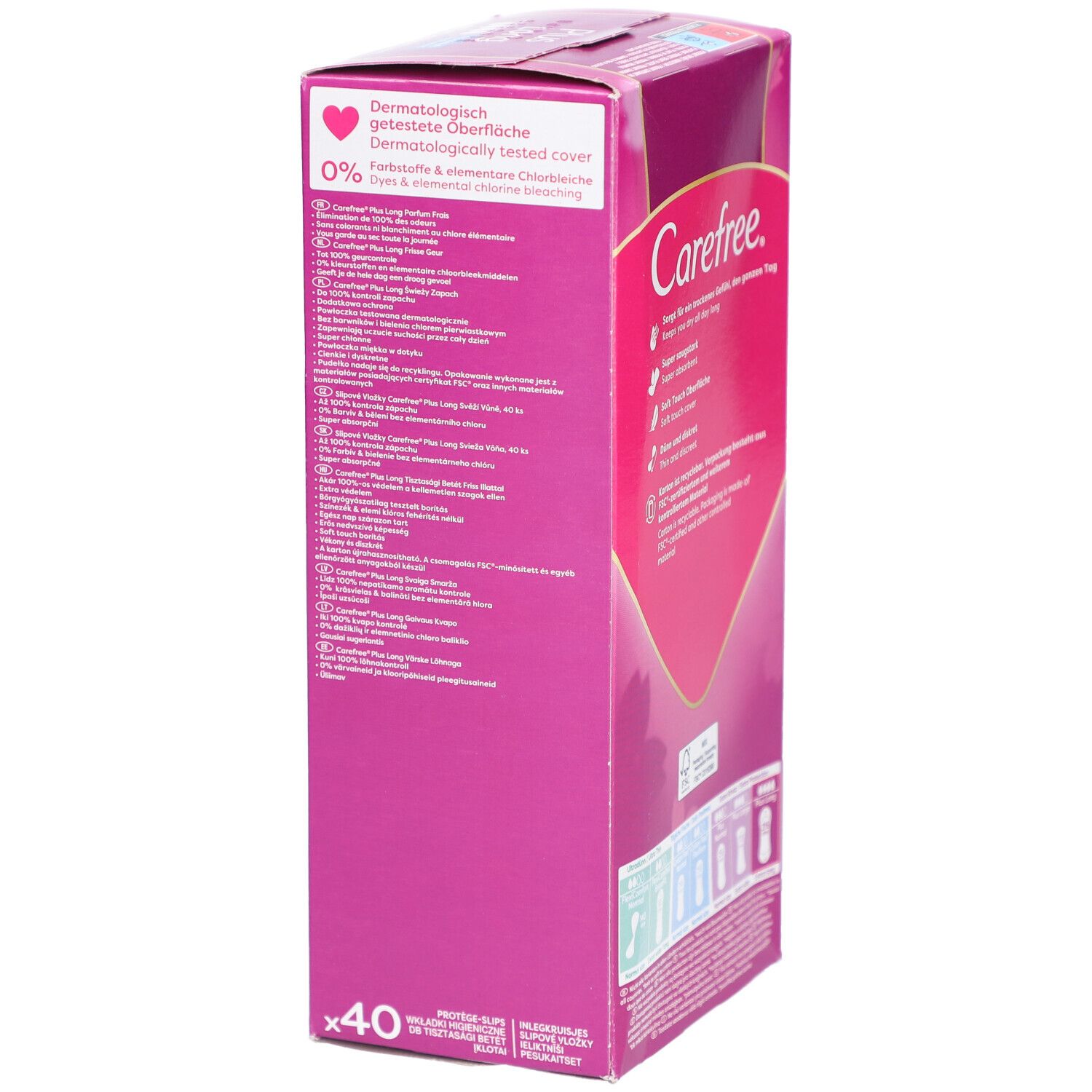 Carefree Plus Long verpakking. Roze verpakking met productinformatie en tekst. Dermatologisch getest.