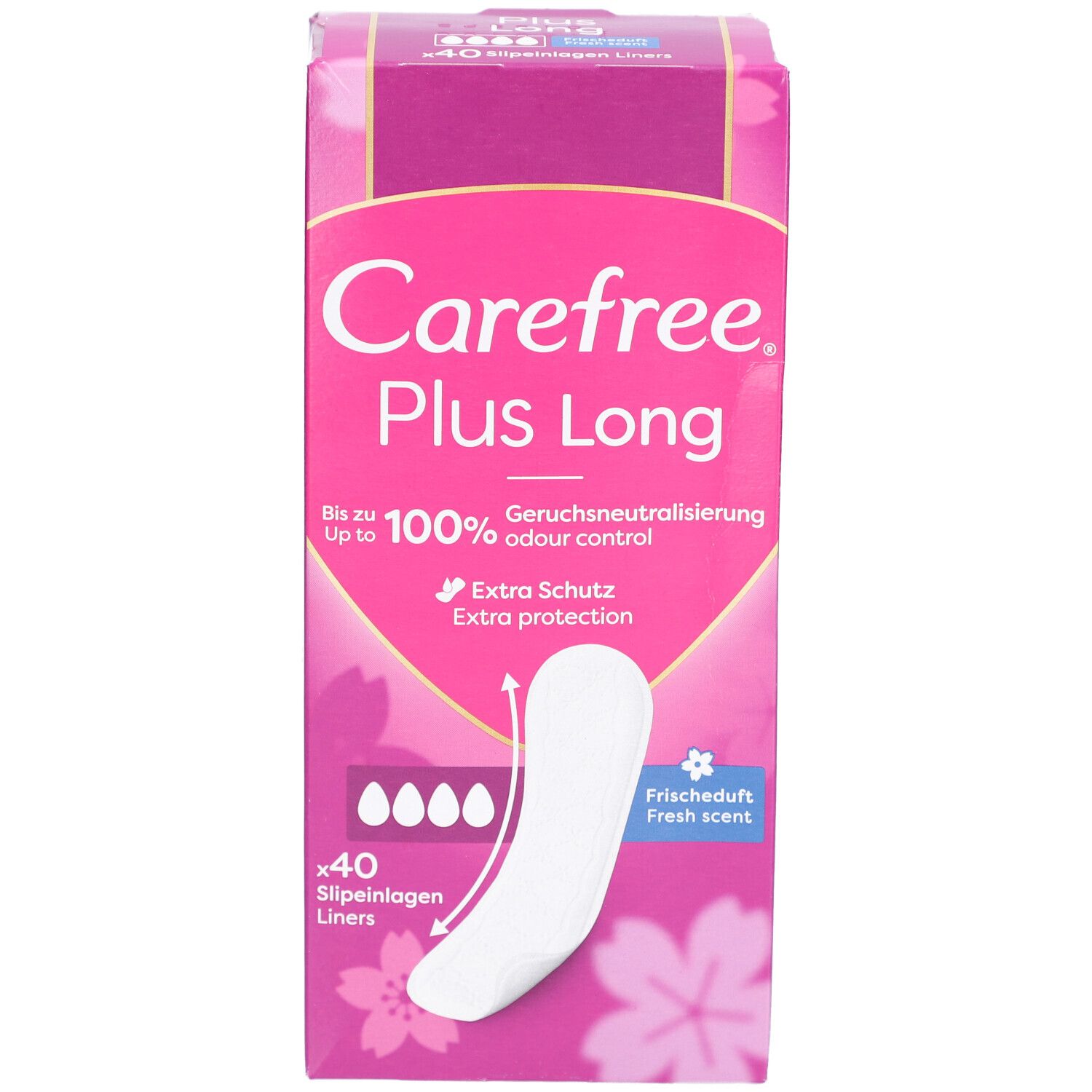 Carefree Plus Long verpakking. Roze verpakking met afbeelding en tekst. Bevat 40 inlegkruisjes.
