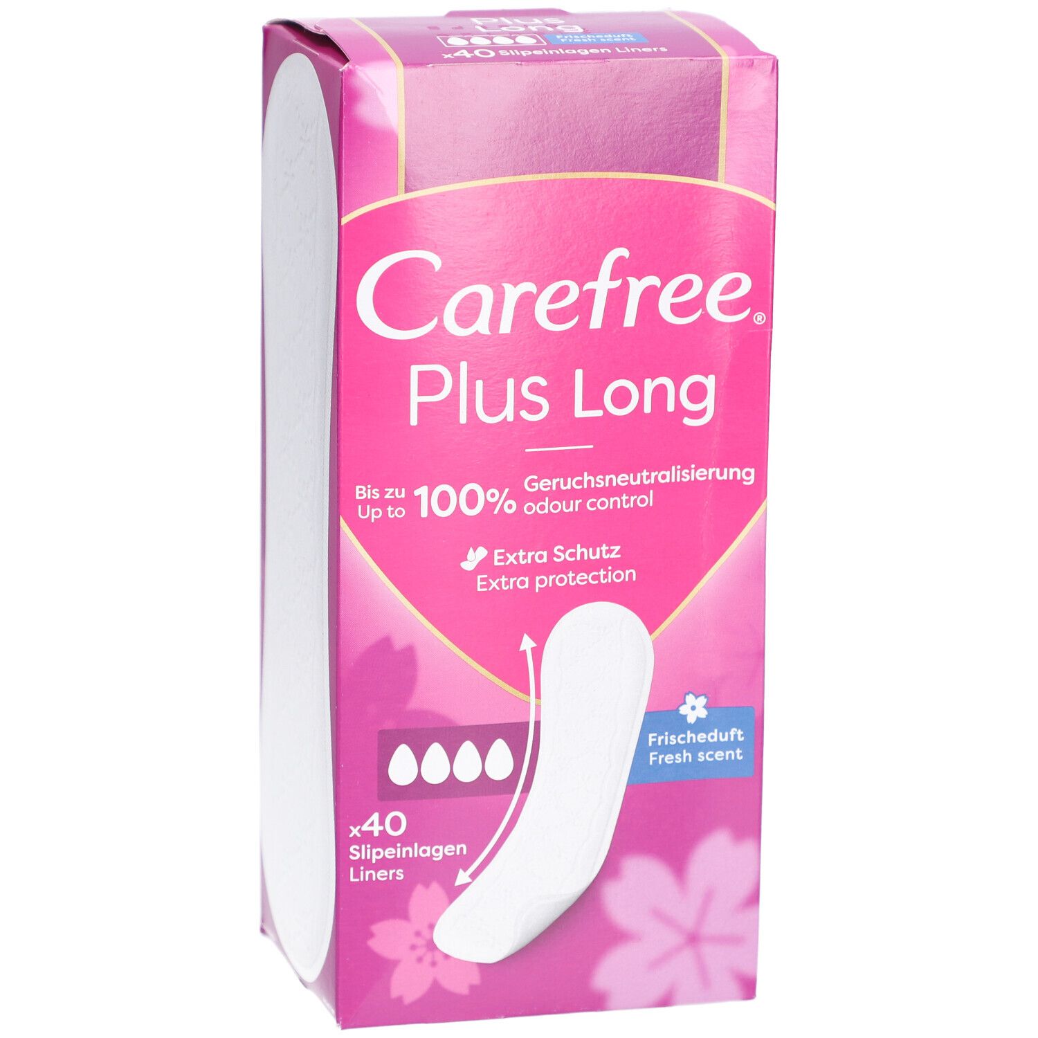 Carefree Plus Long verpakking. Roze verpakking met afbeelding en tekst. Bevat 40 inlegkruisjes.