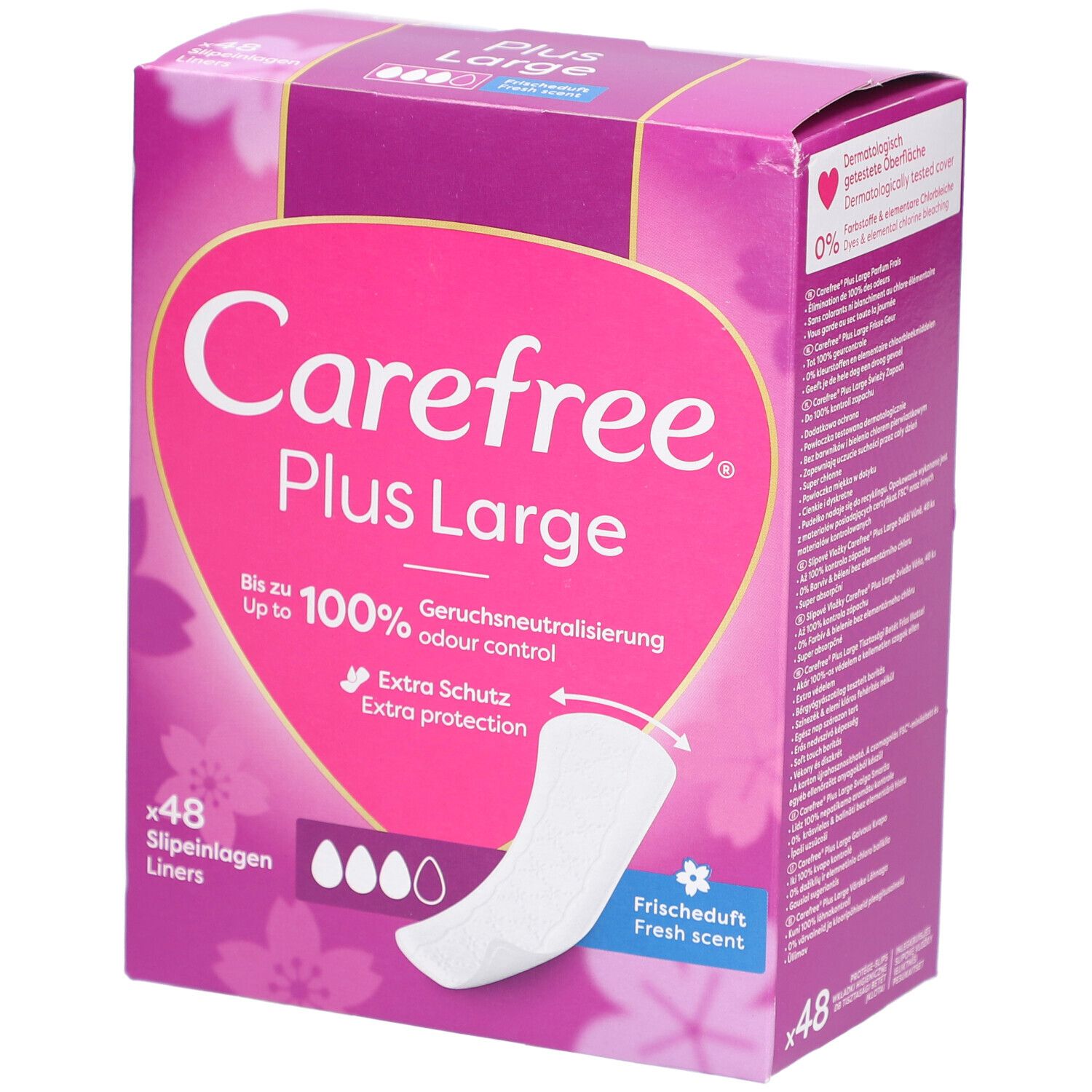 Carefree Plus Large inlegkruisjes Fresh verpakking. Roze-wit design met productafbeelding en tekst. 48 inlegkruisjes.