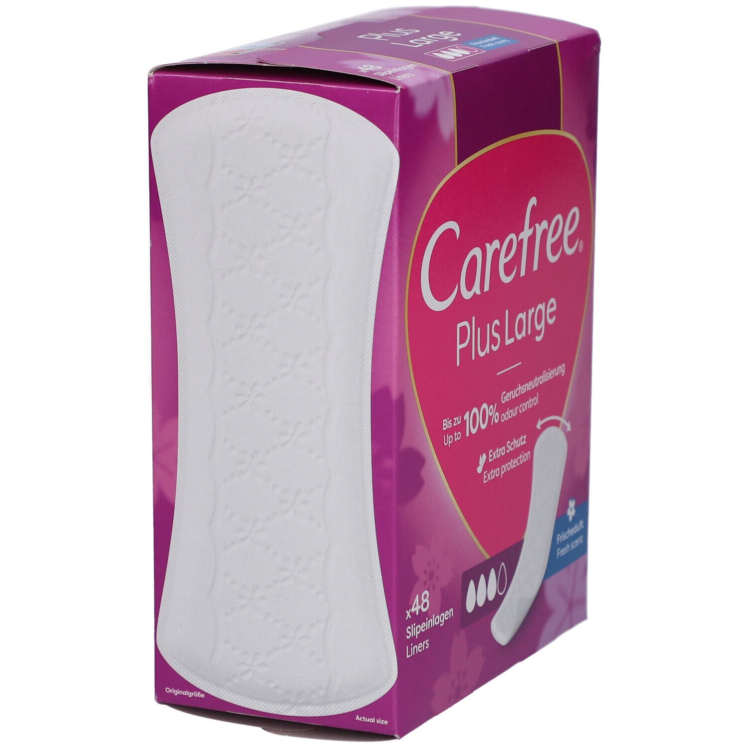 Carefree Plus Large verpakking. Roze-wit design met productafbeelding. 48 inlegkruisjes. Zijaanzicht.